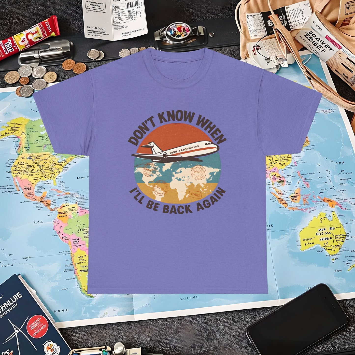 Don’t Know When I’ll Be Back Again T-Shirt – Retro ’70s Jet & Vintage Map Travel Design Air Travel T-Shirts | Jetsetter, Airport, and International Flight Tees