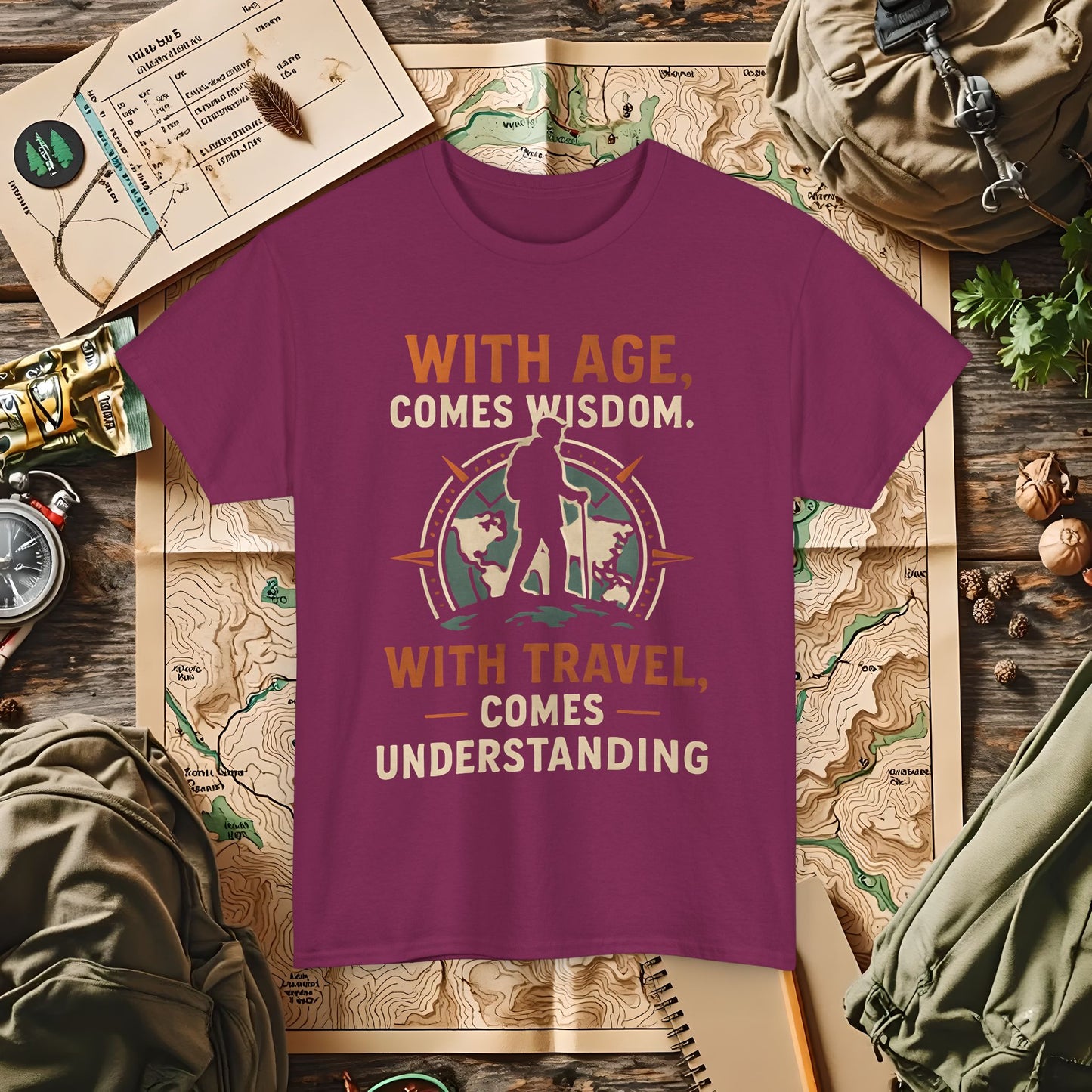 With Age Comes Wisdom, With Travel Comes Understanding Tee – Explorer Compass Design | Camping, Hiking, Rafting & Kayaking Tees for Nature Lovers
