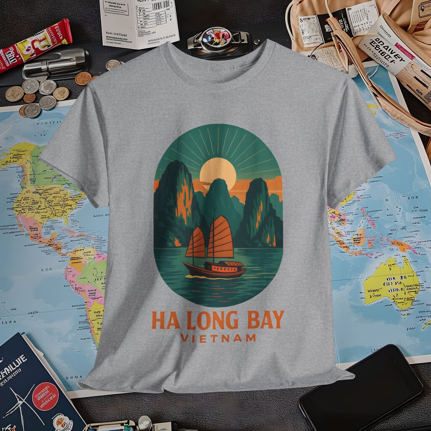 Ha Long Bay Vietnam T-Shirt – Art Deco Junk Boat Travel Shirt for Southeast Asia Lovers Air Travel T-Shirts | Jetsetter, Airport, and International Flight Tees