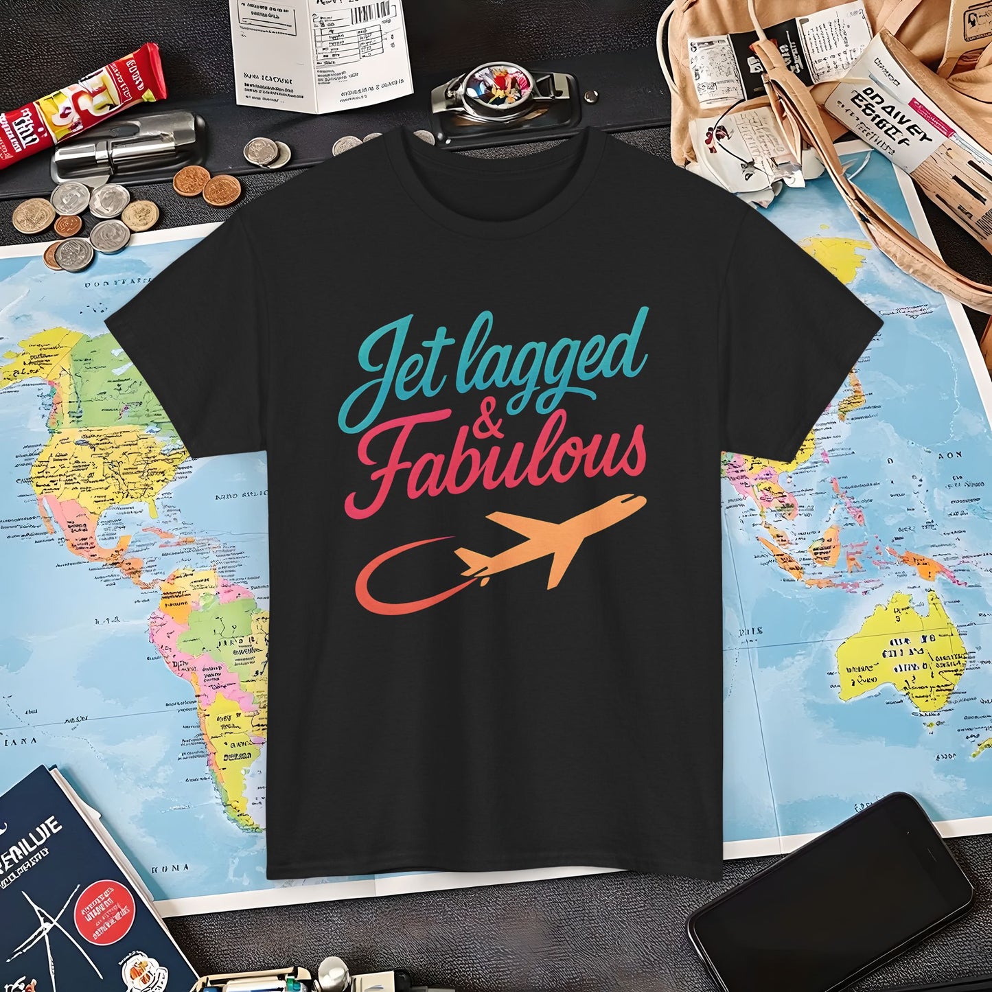 Jet Lagged and Fabulous T-Shirt – Neon Retro Airplane Travel Tee for Frequent Flyers & Stylish Globetrotters Air Travel T-Shirts | Jetsetter, Airport, and International Flight Tees