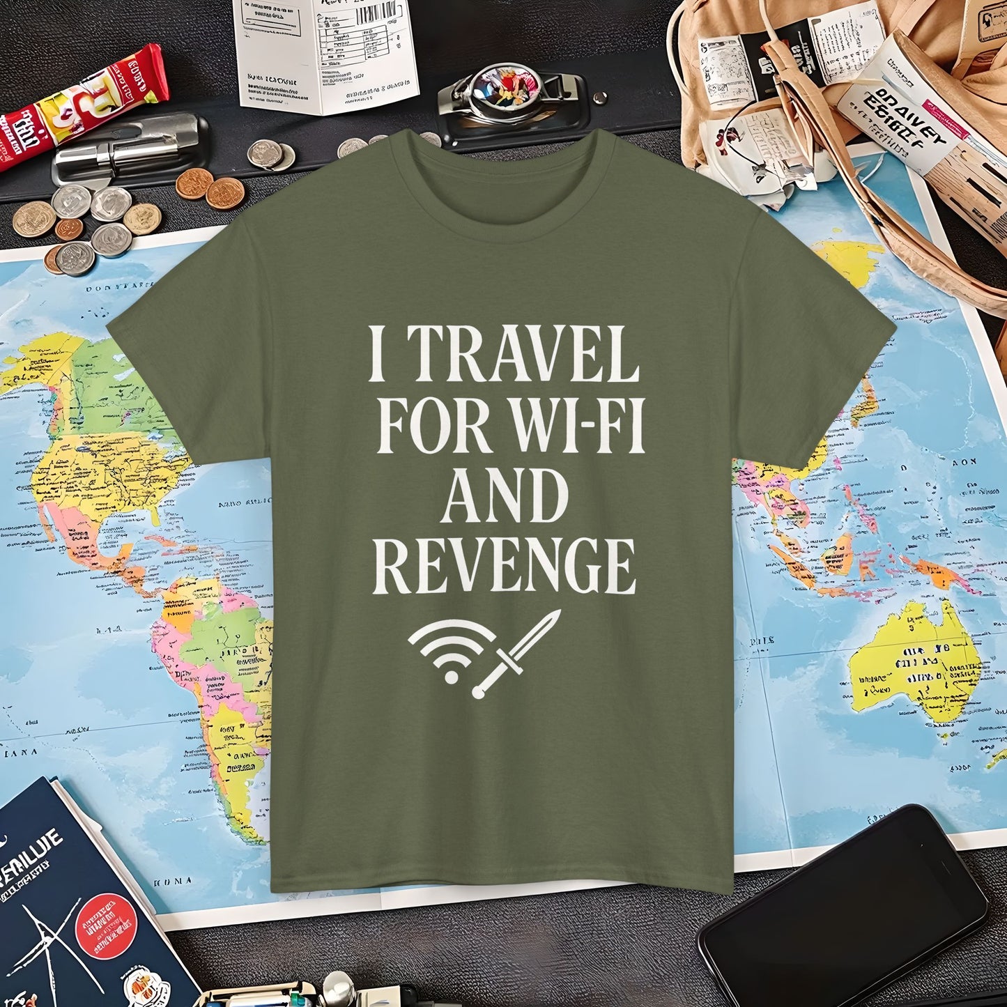 I Travel for WiFi and Revenge – Bold Quote Tee with Dagger Icon Air Travel T-Shirts | Jetsetter, Airport, and International Flight Tees