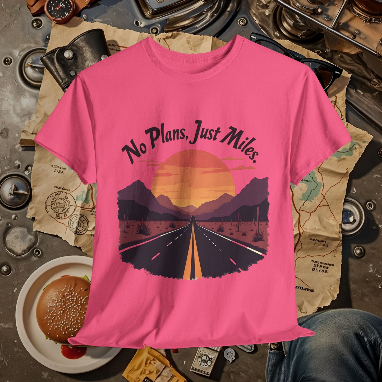 No Plans, Just Miles Adventure Road Unisex Cotton Tee - Travel Shirt, Road Trip Tee, Travel Lover Gift, Nature Lover Shirt, Vacation T-Shirt, Charity Donation