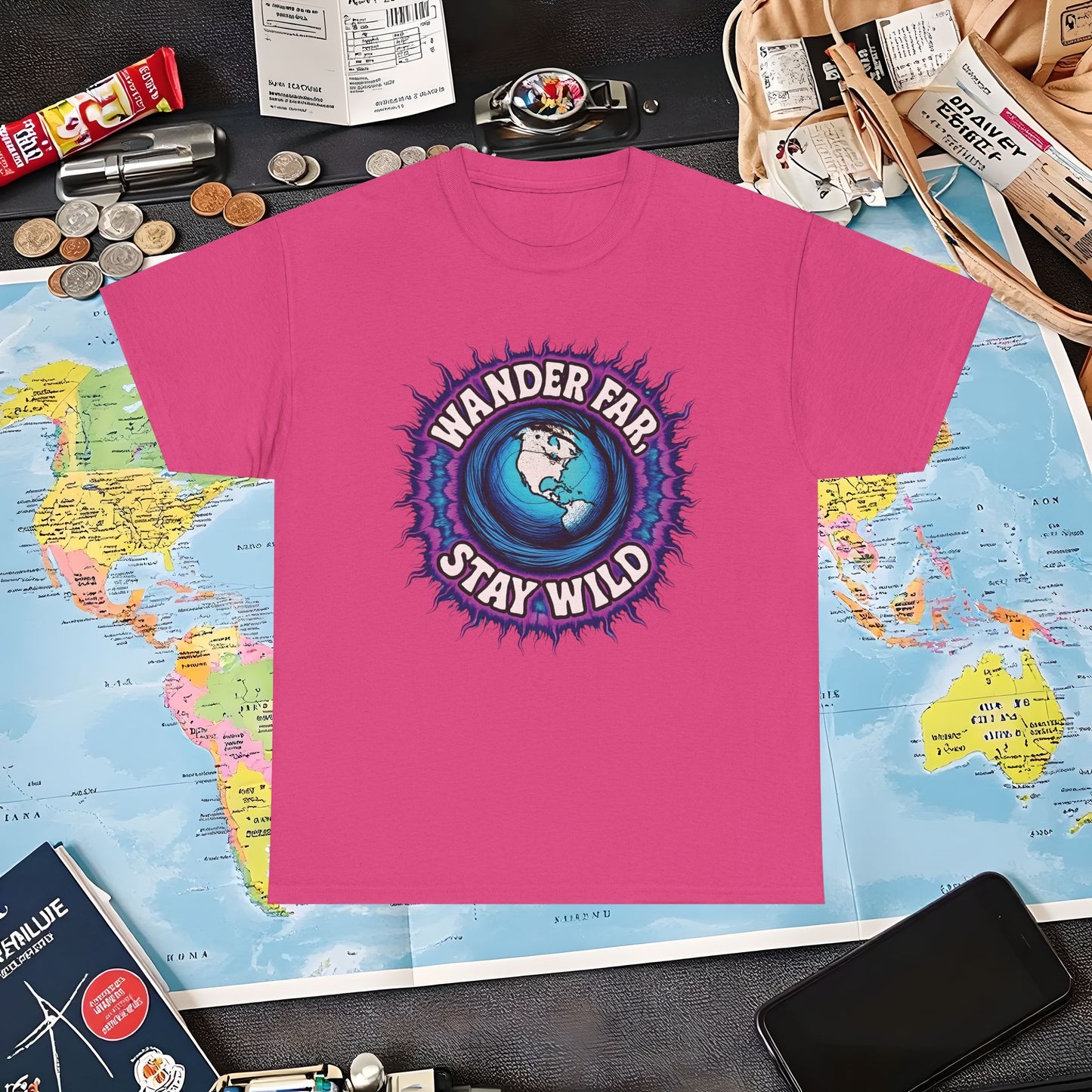 Wander Far, Stay Wild T-Shirt – Globe Burst Adventure Design Air Travel T-Shirts | Jetsetter, Airport, and International Flight Tees