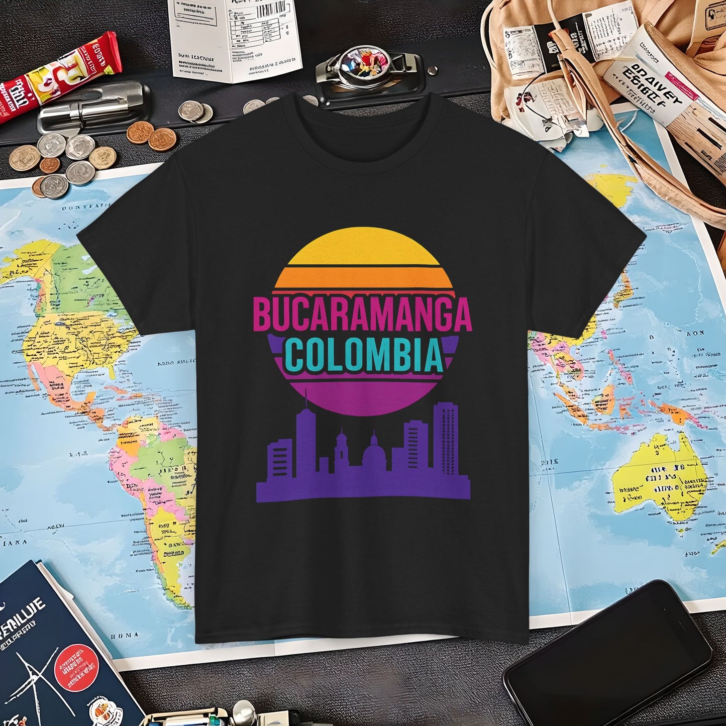 Retro Bucaramanga Skyline Sunset Tee – Vintage Colombia Travel Shirt| Layover Club Air Travel T-Shirts | Jetsetter, Airport, and International Flight Tees