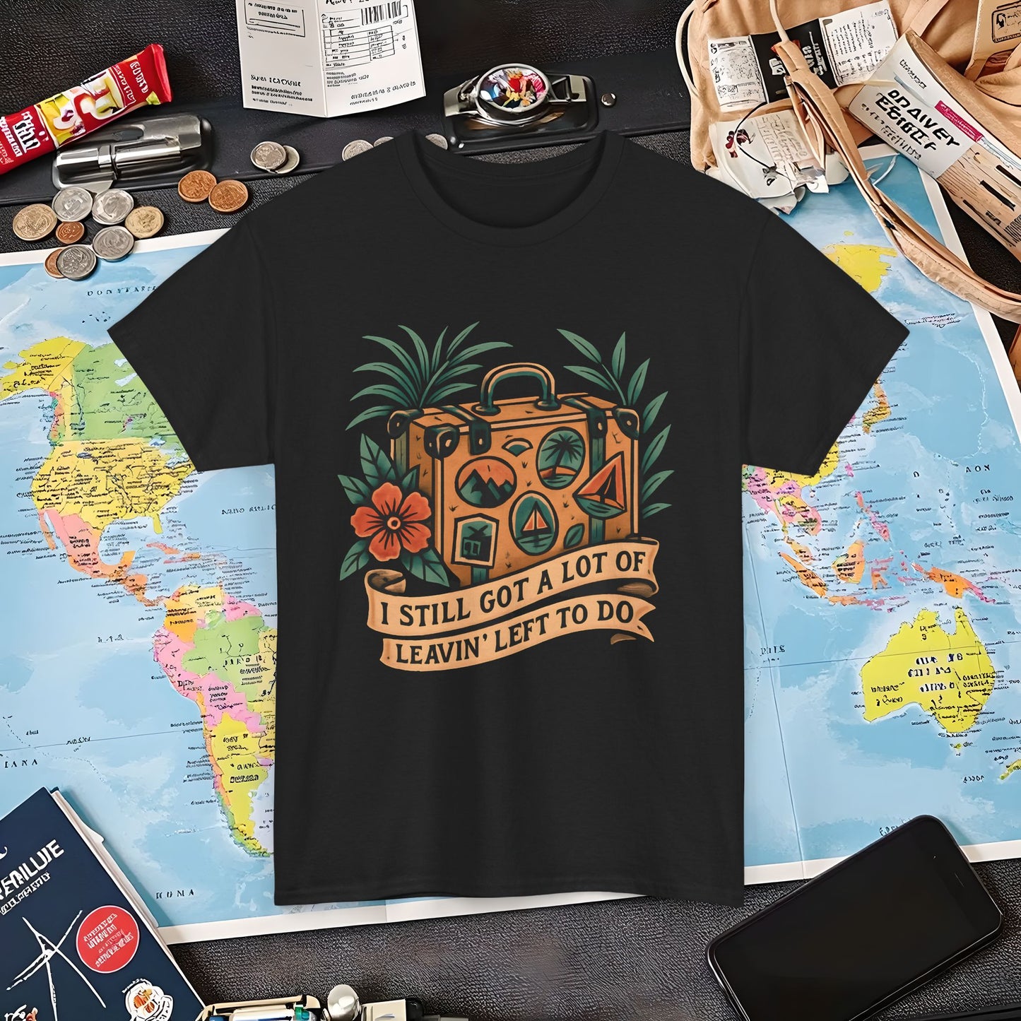 I Still Got a Lot of Leavin’ Left to Do T-Shirt – Vintage Suitcase with Tropical Travel Vibes