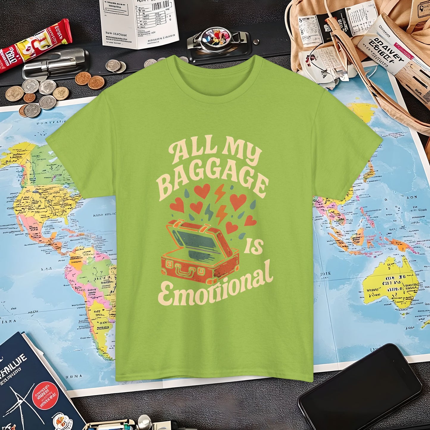 All My Baggage Is Emotional – Retro Suitcase Overflowing with Feelings Tee Air Travel T-Shirts | Jetsetter, Airport, and International Flight Tees