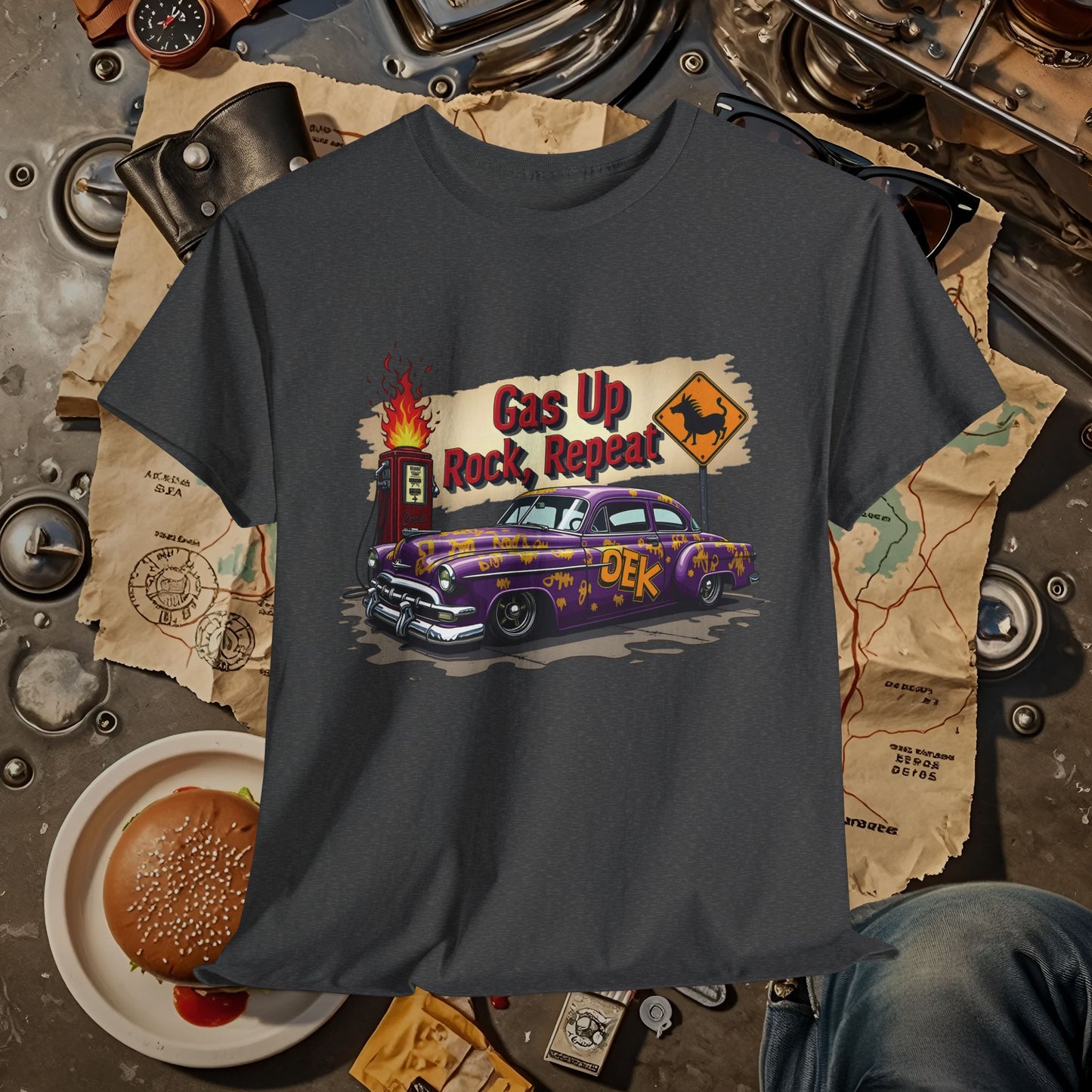 Gas Up, Rock and Repeat Road Trip & Vehicle Travel T-Shirts | Car, RV, and Motorcycle Adventure Tees