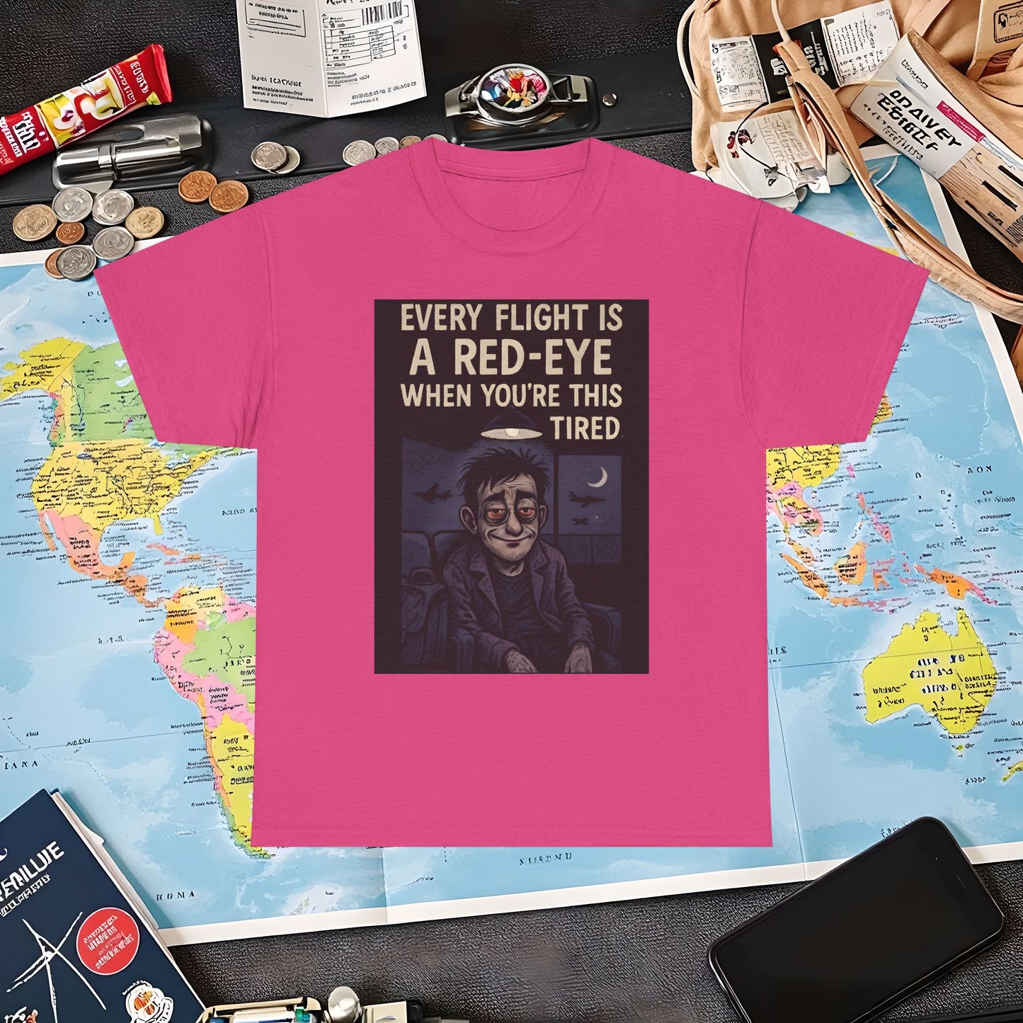 Every Flight Is a Red Eye Tee – Exhausted Traveler Comic Noir Shirt Air Travel T-Shirts | Jetsetter, Airport, and International Flight Tees