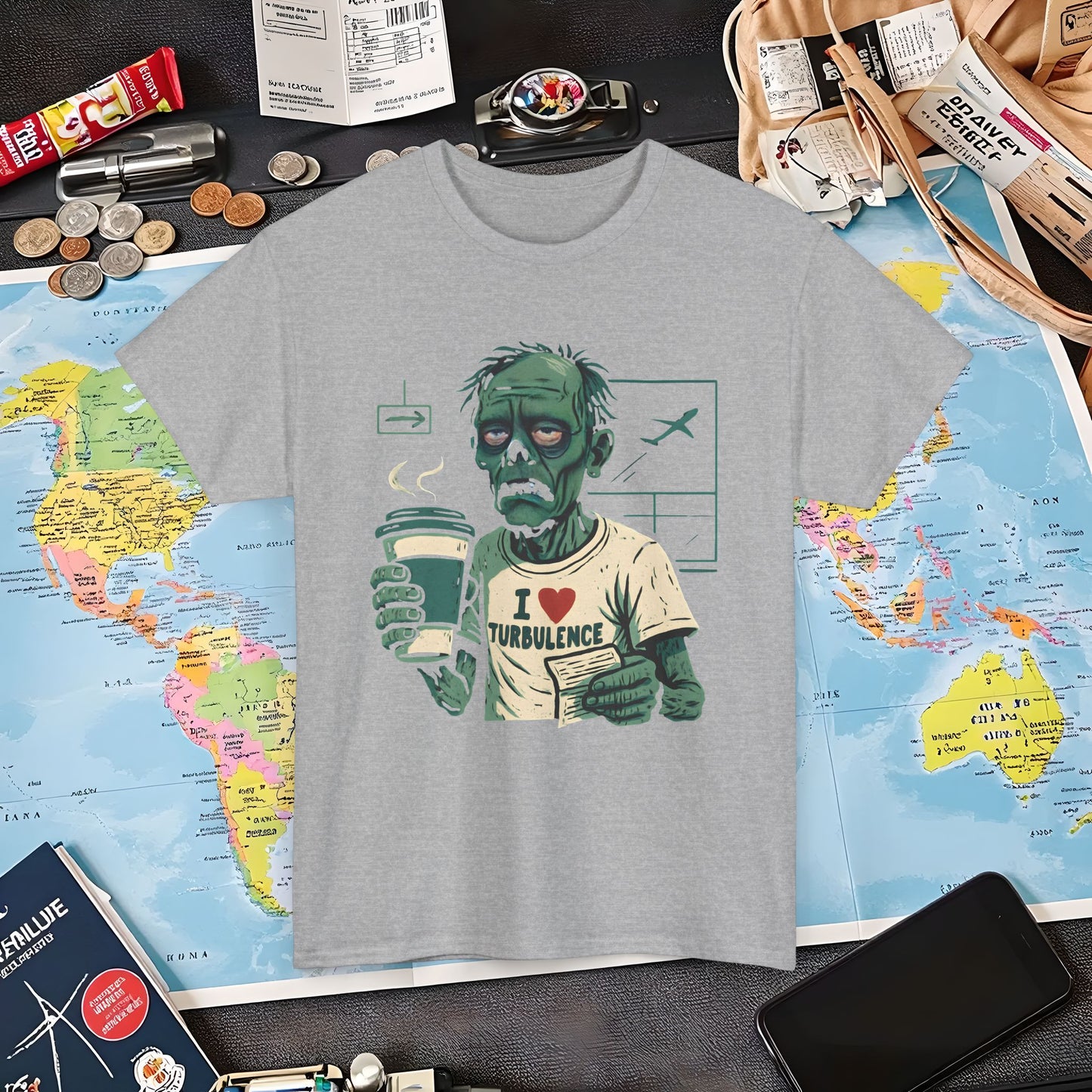 I Love Turbulence – Exhausted Zombie Traveler Coffee Tee Air Travel T-Shirts | Jetsetter, Airport, and International Flight Tees