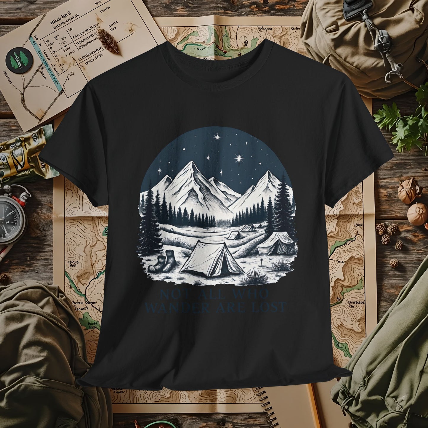Not All Who Wander Are Lost T-Shirt – Mountain Camping Under Starry Night Camping, Hiking, Rafting & Kayaking Tees for Nature Lovers