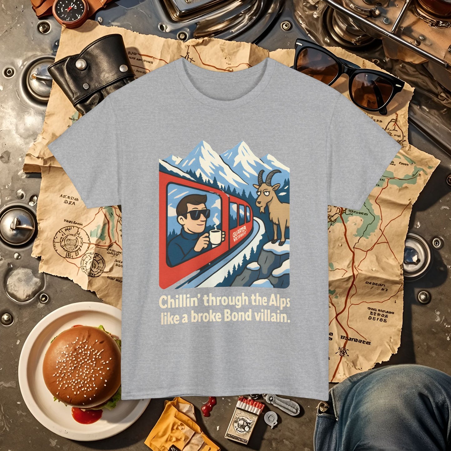 Glacier Express Chill Tee – Skeptical Goat in the Alps Vibe Road Trip & Vehicle Travel T-Shirts | Car, RV, and Motorcycle Adventure Tees