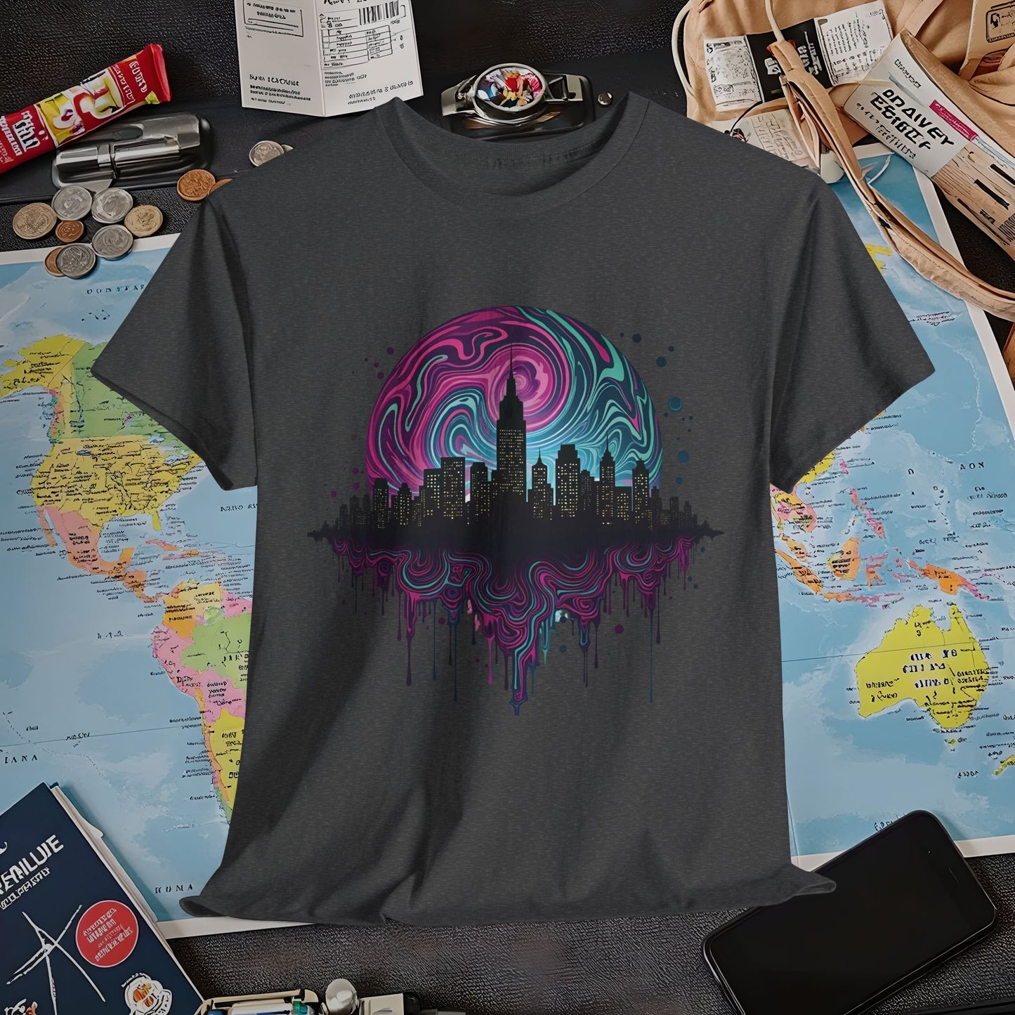 Psychedelic Skyline Air Travel T-Shirts | Jetsetter, Airport, and International Flight Tees