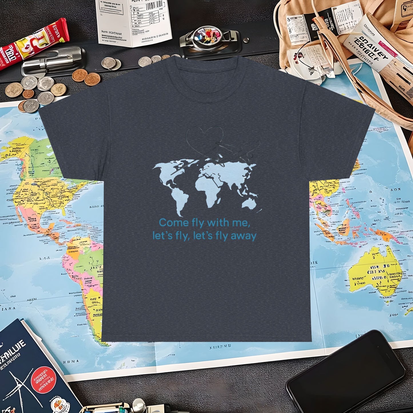 Come Fly With Me T-Shirt – Heart-Loop Airplane Over World Map Design Air Travel T-Shirts | Jetsetter, Airport, and International Flight Tees