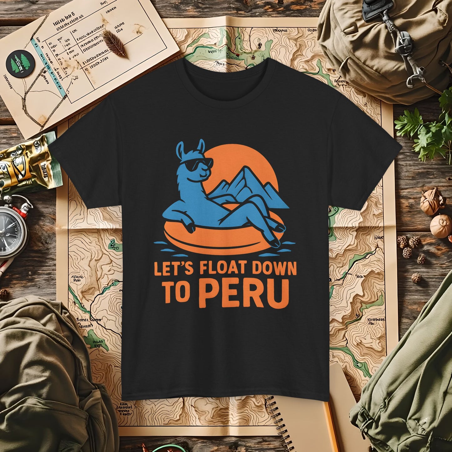 Let’s Float Down to Peru T-Shirt – Chill Llama on Inner Tube and Andes Sunset Outdoor Adventure T-Shirts | Camping, Hiking, Rafting & Kayaking Tees for Nature Lovers