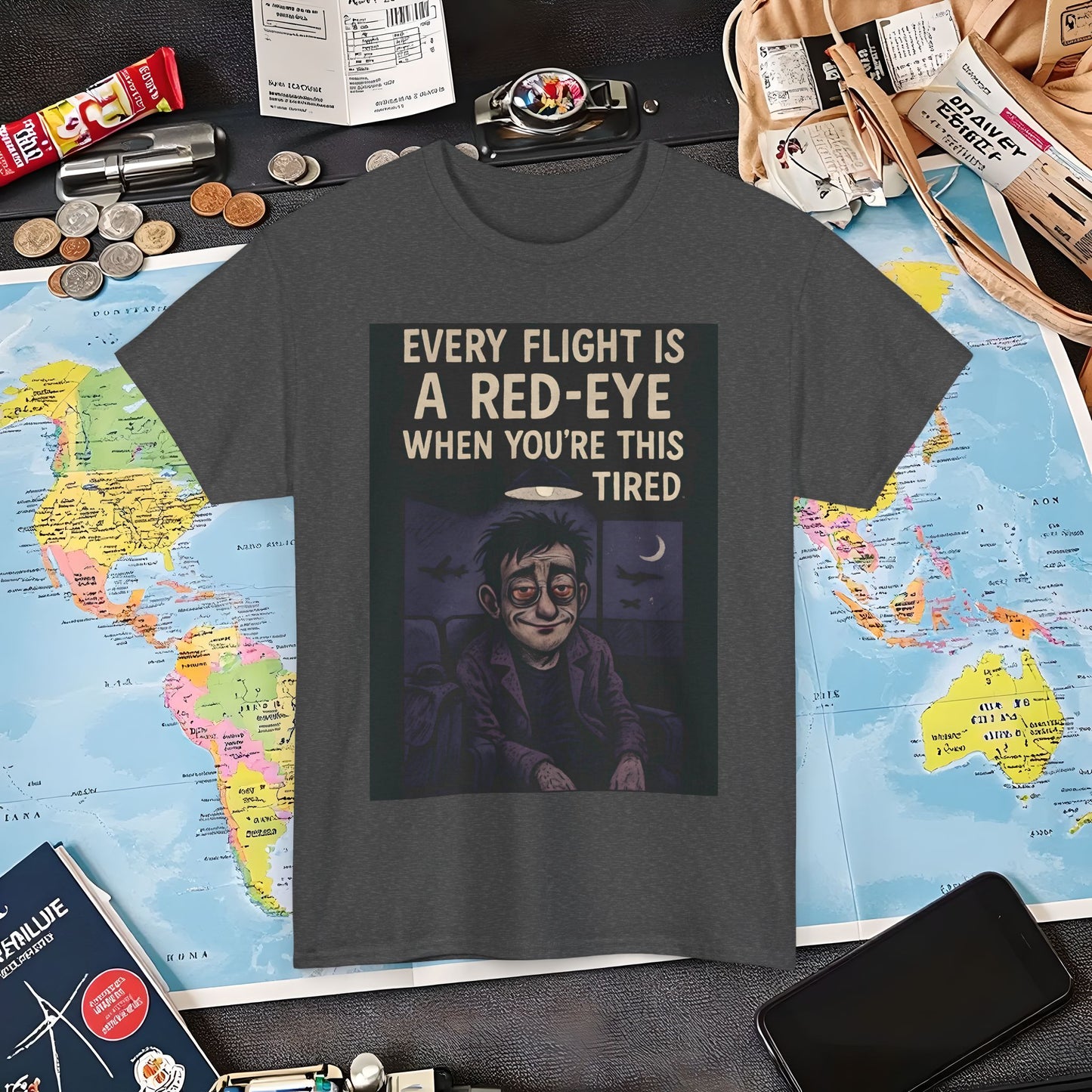 Every Flight Is a Red Eye Tee – Exhausted Traveler Comic Noir Shirt Air Travel T-Shirts | Jetsetter, Airport, and International Flight Tees