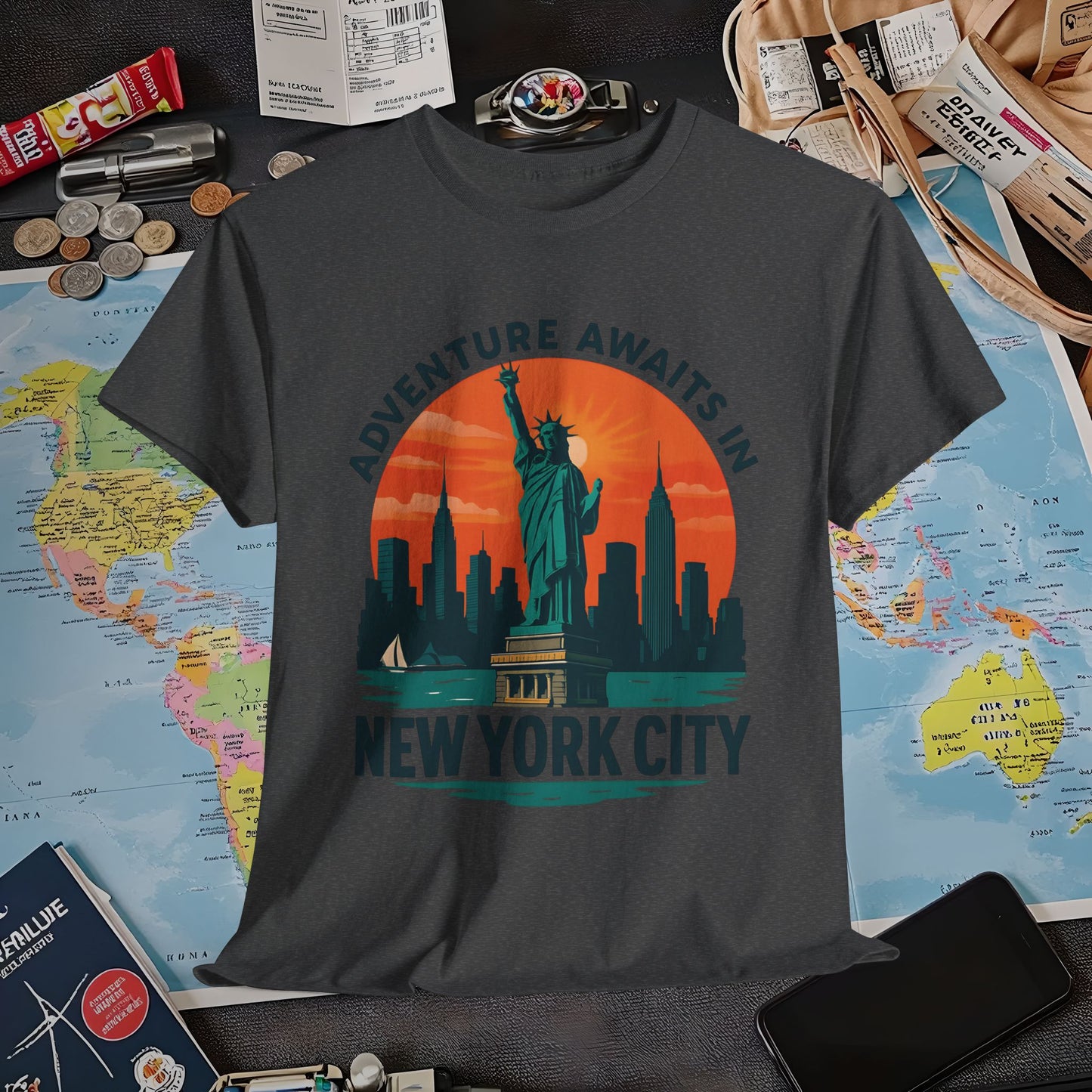 Adventure Awaits in New York City T-Shirt – Sunset Skyline with Statue of Liberty Design Air Travel T-Shirts | Jetsetter, Airport, and International Flight Tees