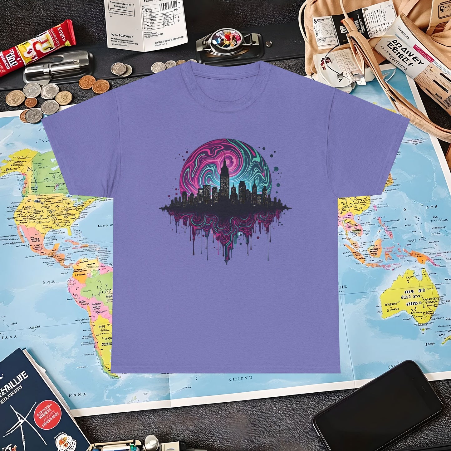 Psychedelic Skyline Air Travel T-Shirts | Jetsetter, Airport, and International Flight Tees