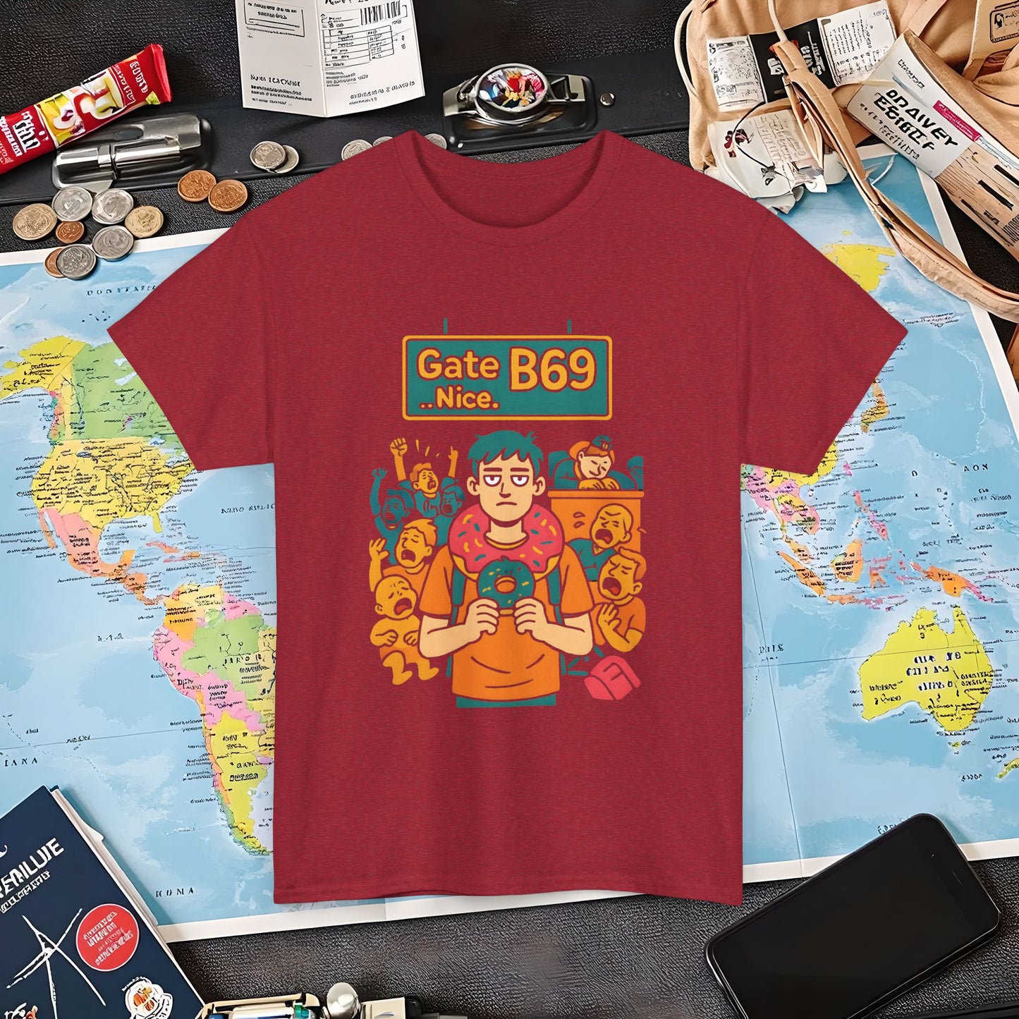 Gate B69 Deadpan Traveler T-Shirt — Chill at Chaotic Airport Terminal Layover Tee Air Travel T-Shirts | Jetsetter, Airport, and International Flight Tees