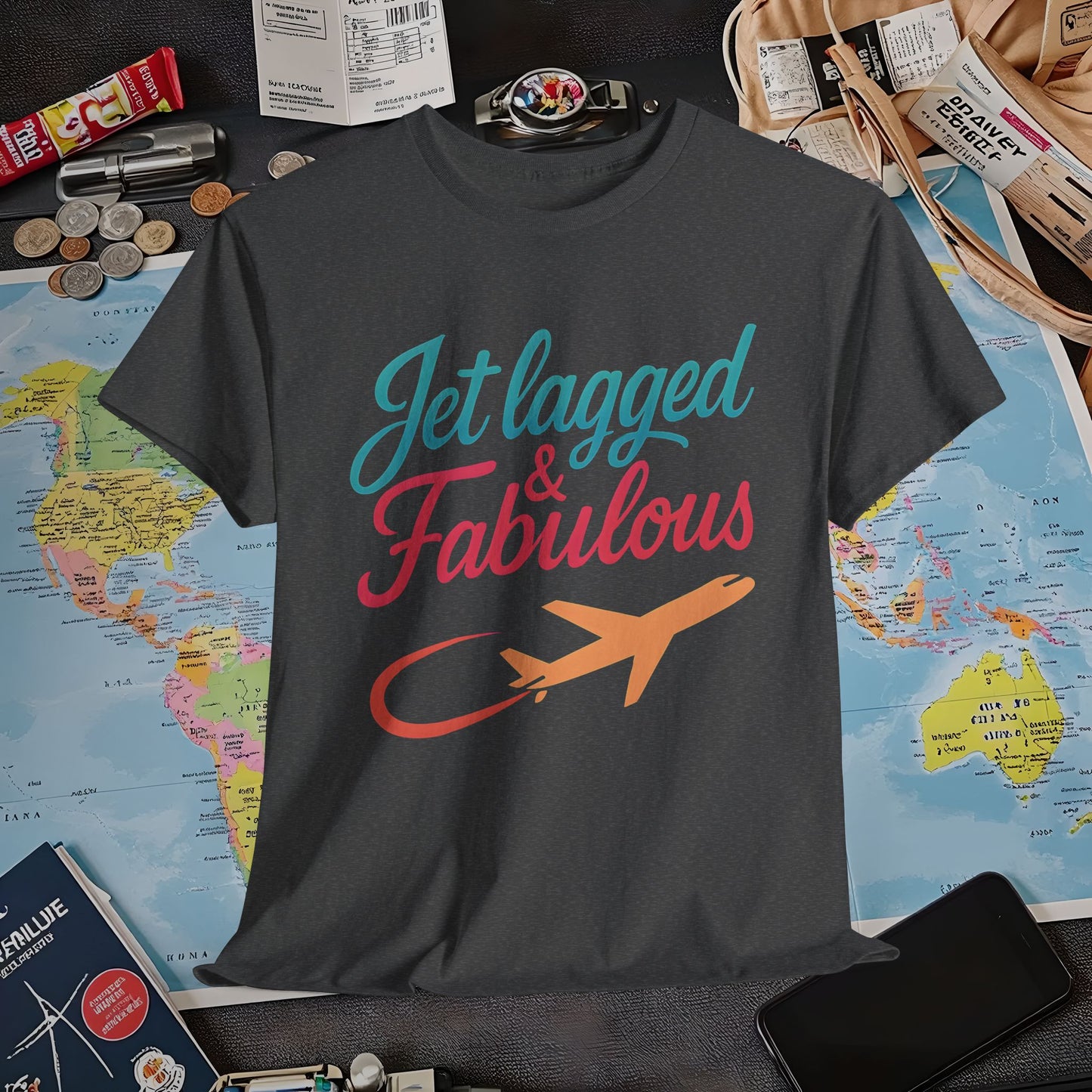 Jet Lagged and Fabulous T-Shirt – Neon Retro Airplane Travel Tee for Frequent Flyers & Stylish Globetrotters Air Travel T-Shirts | Jetsetter, Airport, and International Flight Tees