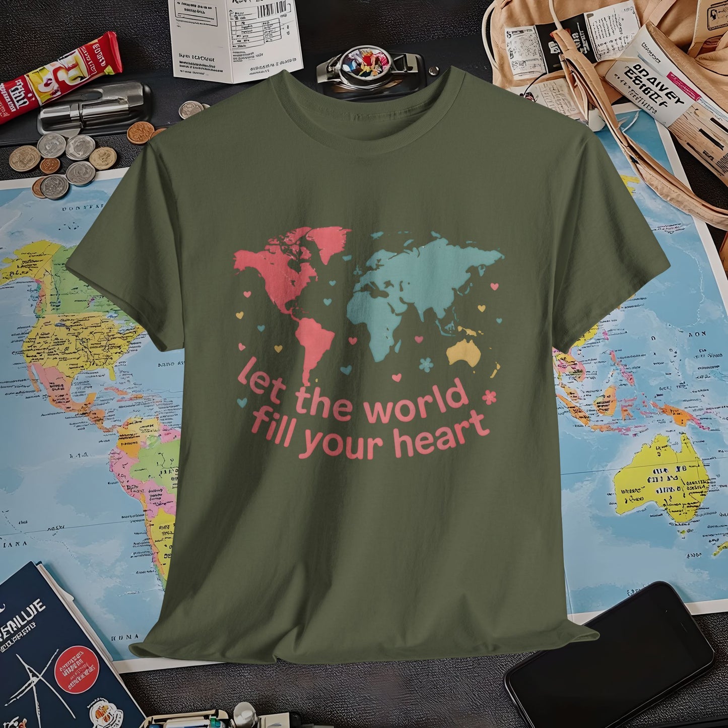 Let the World Fill Your Heart T-Shirt – World Map Adventure Design Air Travel T-Shirts | Jetsetter, Airport, and International Flight Tees