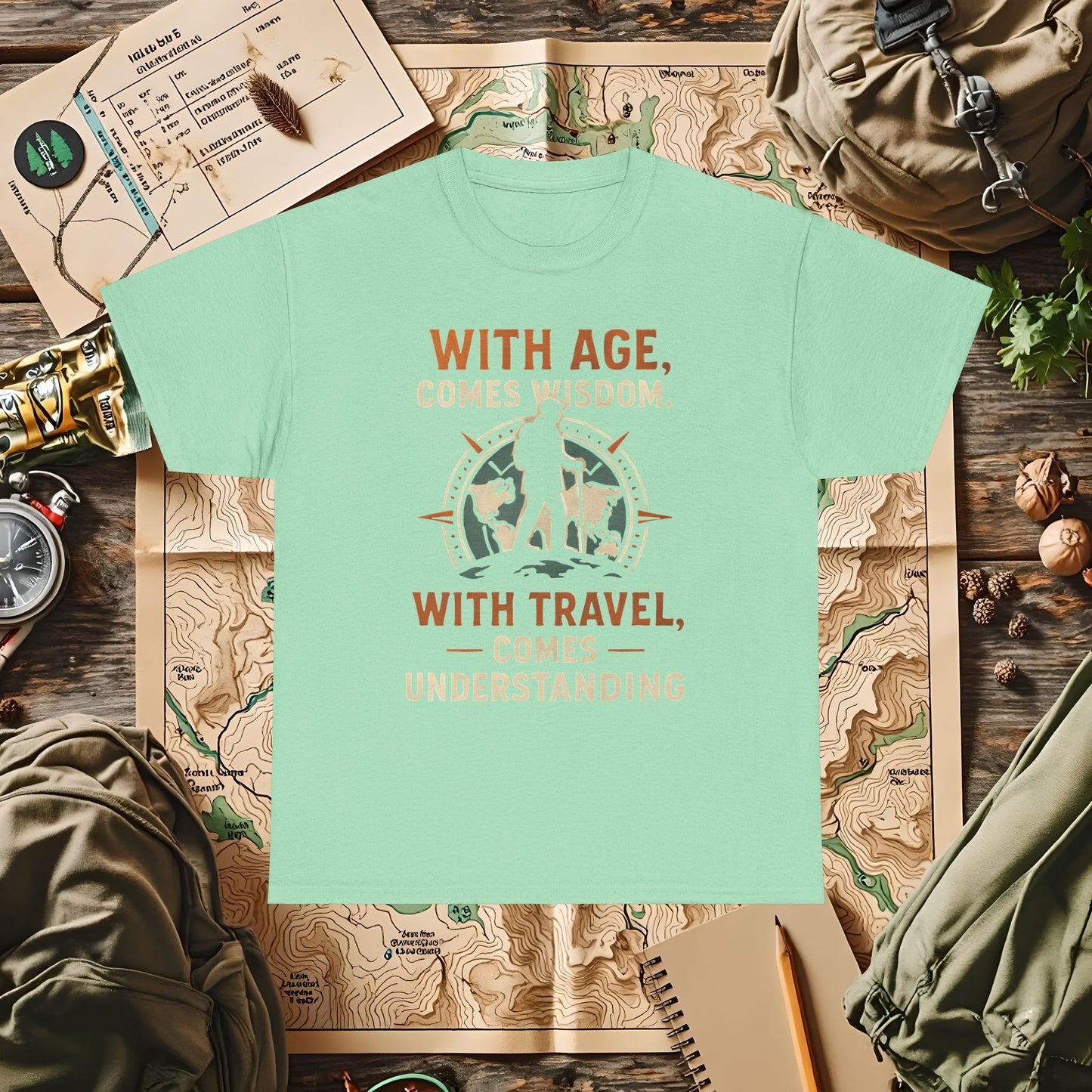 With Age Comes Wisdom, With Travel Comes Understanding Tee – Explorer Compass Design | Camping, Hiking, Rafting & Kayaking Tees for Nature Lovers