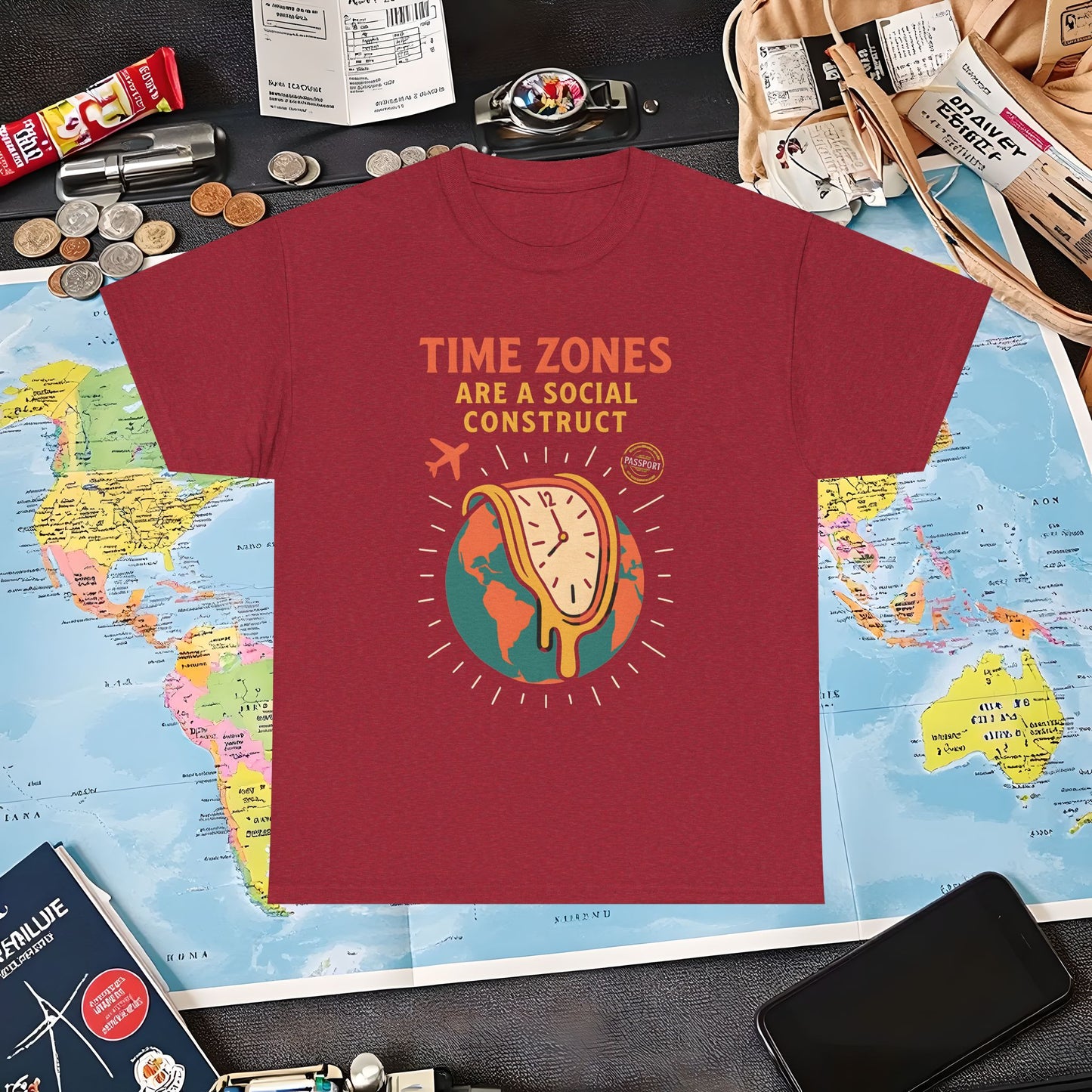 Time Zones Are a Social Construct Tee – Melting Clock Over World Map Travel Shirt Air Travel T-Shirts | Jetsetter, Airport, and International Flight Tees