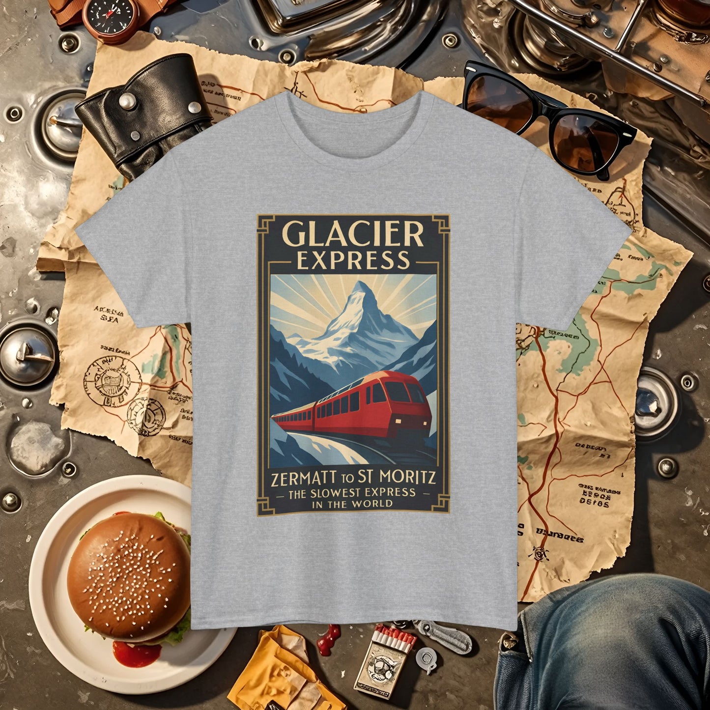 Glacier Express – Art Deco Alpine Train Adventure Tee Road Trip & Vehicle Travel T-Shirts | Car, RV, and Motorcycle Adventure Tees