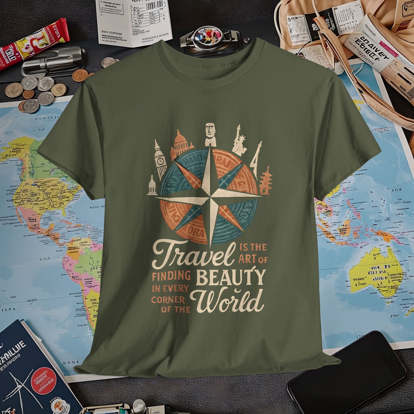 Travel Is the Art of Finding Beauty – Vintage Compass Rose & World Landmark Tee | Layover Club Air Travel T-Shirts | Jetsetter, Airport, and International Flight Tees