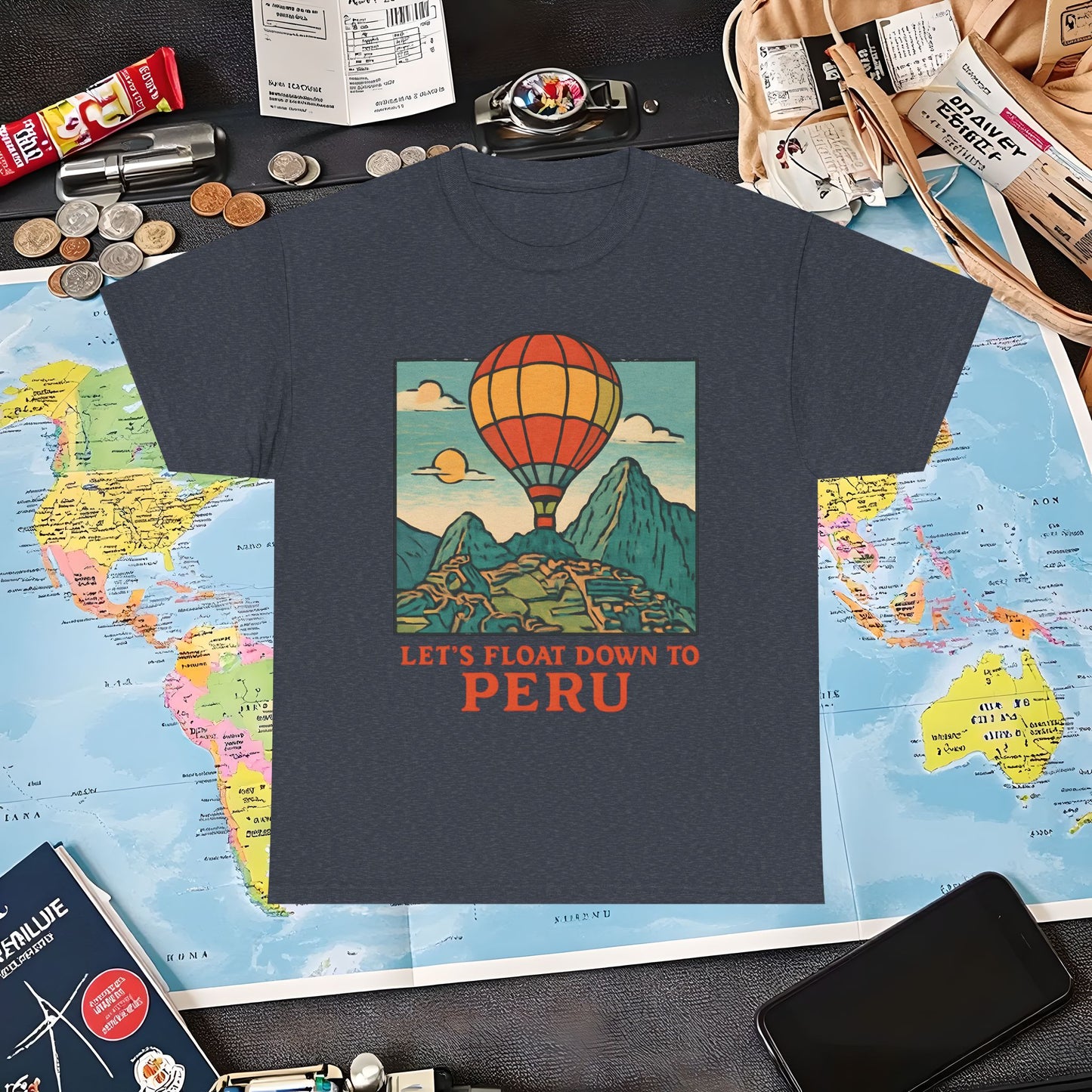 Let’s Float Down to Peru T-Shirt – Vintage Hot-Air Balloon Over Machu Picchu Design Air Travel T-Shirts | Jetsetter, Airport, and International Flight Tees