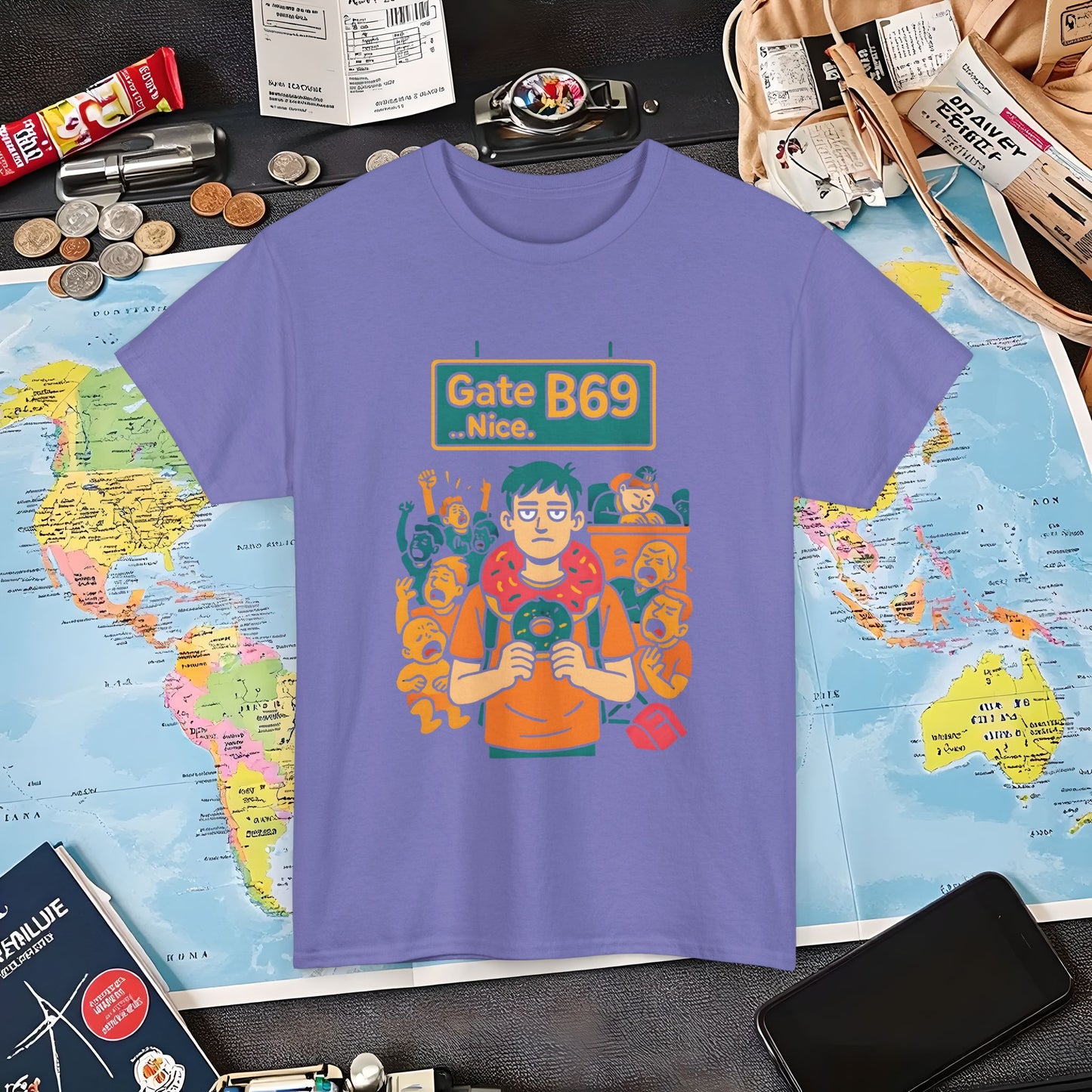 Gate B69 Deadpan Traveler T-Shirt — Chill at Chaotic Airport Terminal Layover Tee Air Travel T-Shirts | Jetsetter, Airport, and International Flight Tees