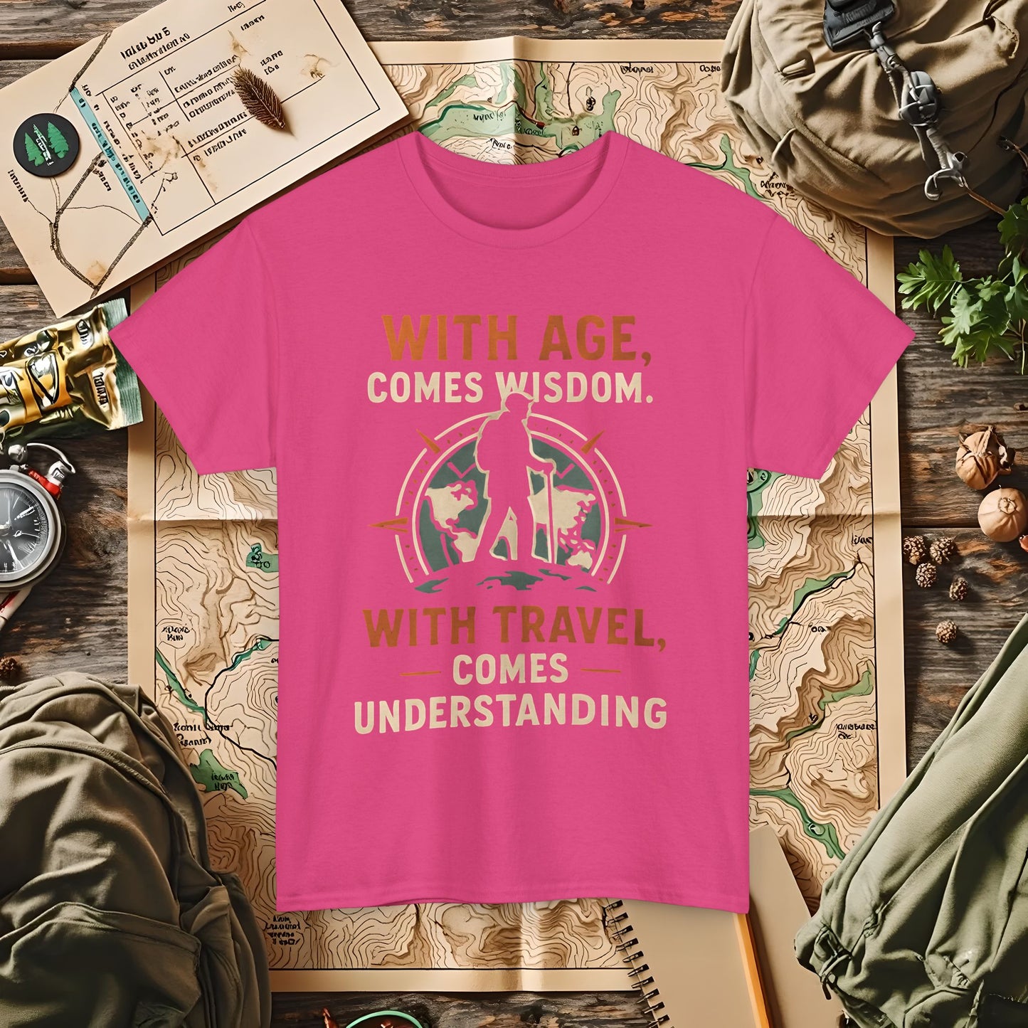 With Age Comes Wisdom, With Travel Comes Understanding Tee – Explorer Compass Design | Camping, Hiking, Rafting & Kayaking Tees for Nature Lovers