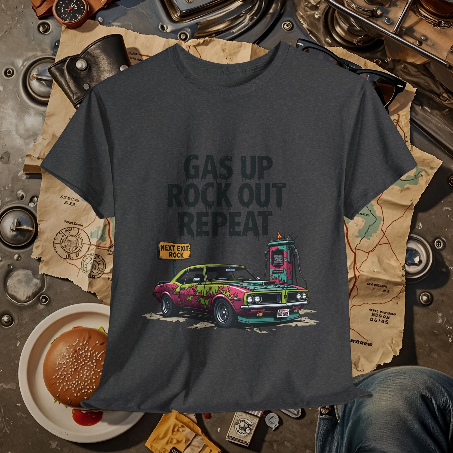 Gas Up, Rock Out and Repeat Road Trip & Vehicle Travel T-Shirts | Car, RV, and Motorcycle Adventure Tees