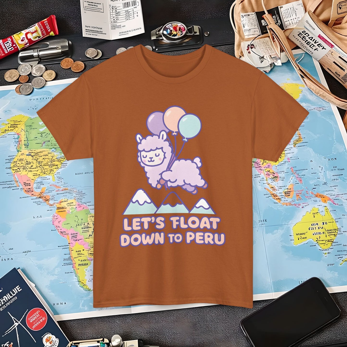 Let’s Float Down to Peru T-Shirt – Kawaii Alpaca Over Snowy Mountain Peaks Air Travel T-Shirts | Jetsetter, Airport, and International Flight Tees