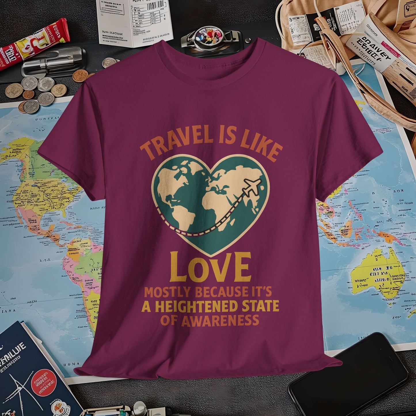 Travel Is Like Love – Heart Map Quote Tee with Airplane Path | Layover Club Air Travel T-Shirts | Jetsetter, Airport, and International Flight Tees