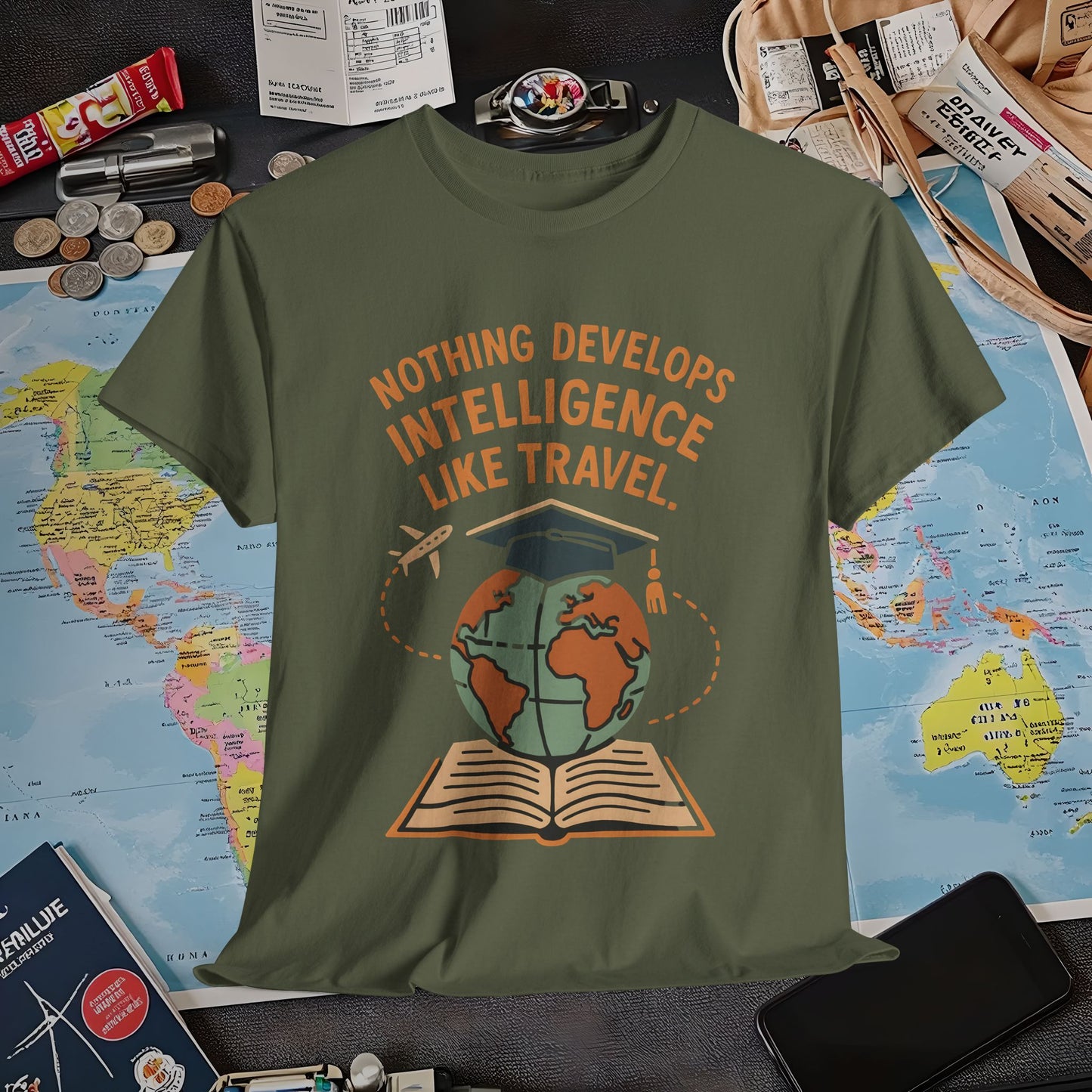 Nothing Develops Intelligence Like Travel – Globe Graduation Wisdom Tee | Layover Club Air Travel T-Shirts | Jetsetter, Airport, and International Flight Tees