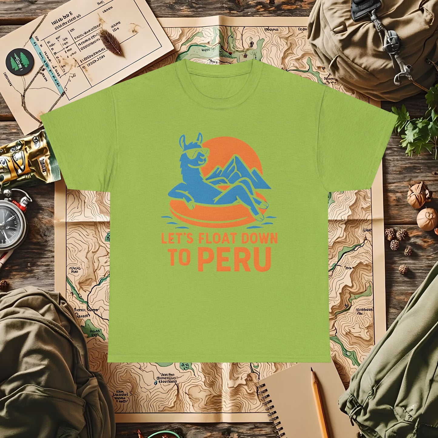 Let’s Float Down to Peru T-Shirt – Chill Llama on Inner Tube and Andes Sunset Outdoor Adventure T-Shirts | Camping, Hiking, Rafting & Kayaking Tees for Nature Lovers