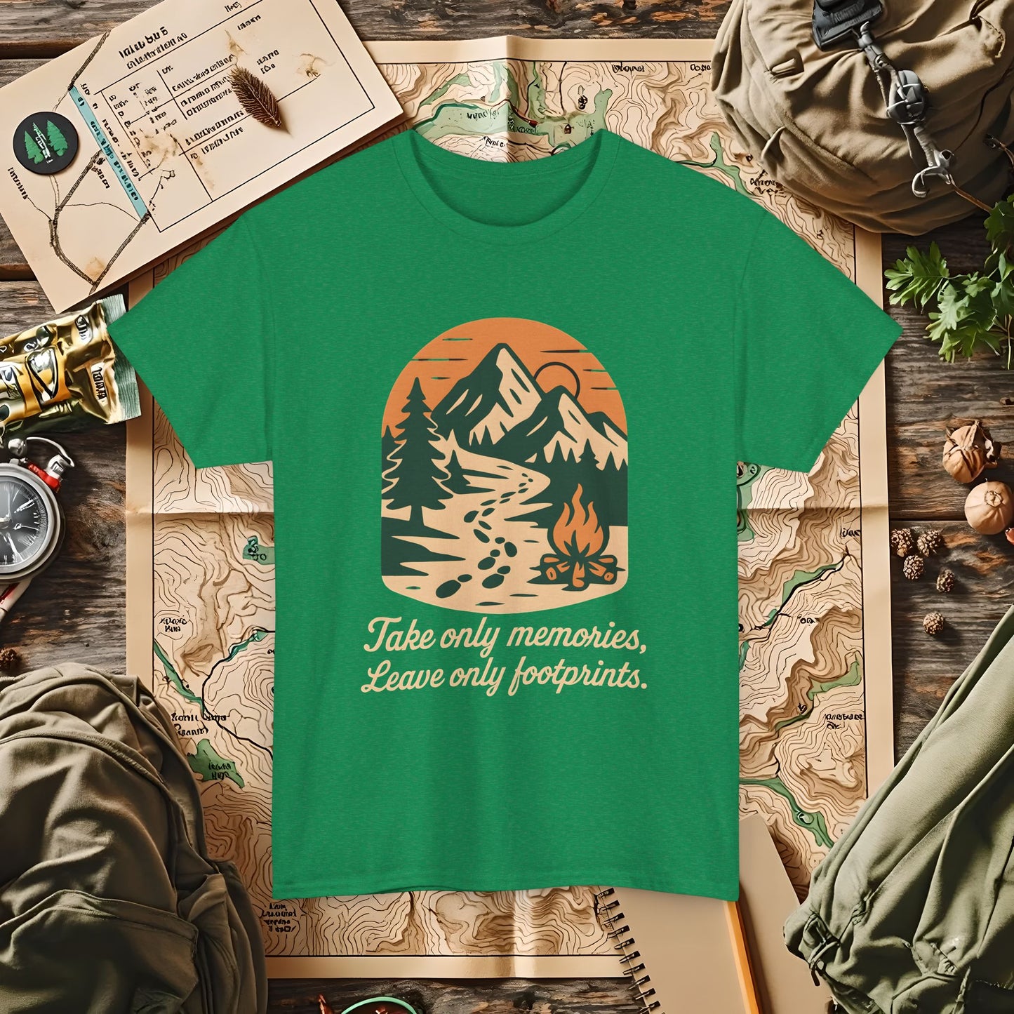 Take Only Memories, Leave Only Footprints — Sunset Mountain Trail Adventure Badge T-Shirt | Camping, Hiking, Rafting & Kayaking Tees for Nature Lovers