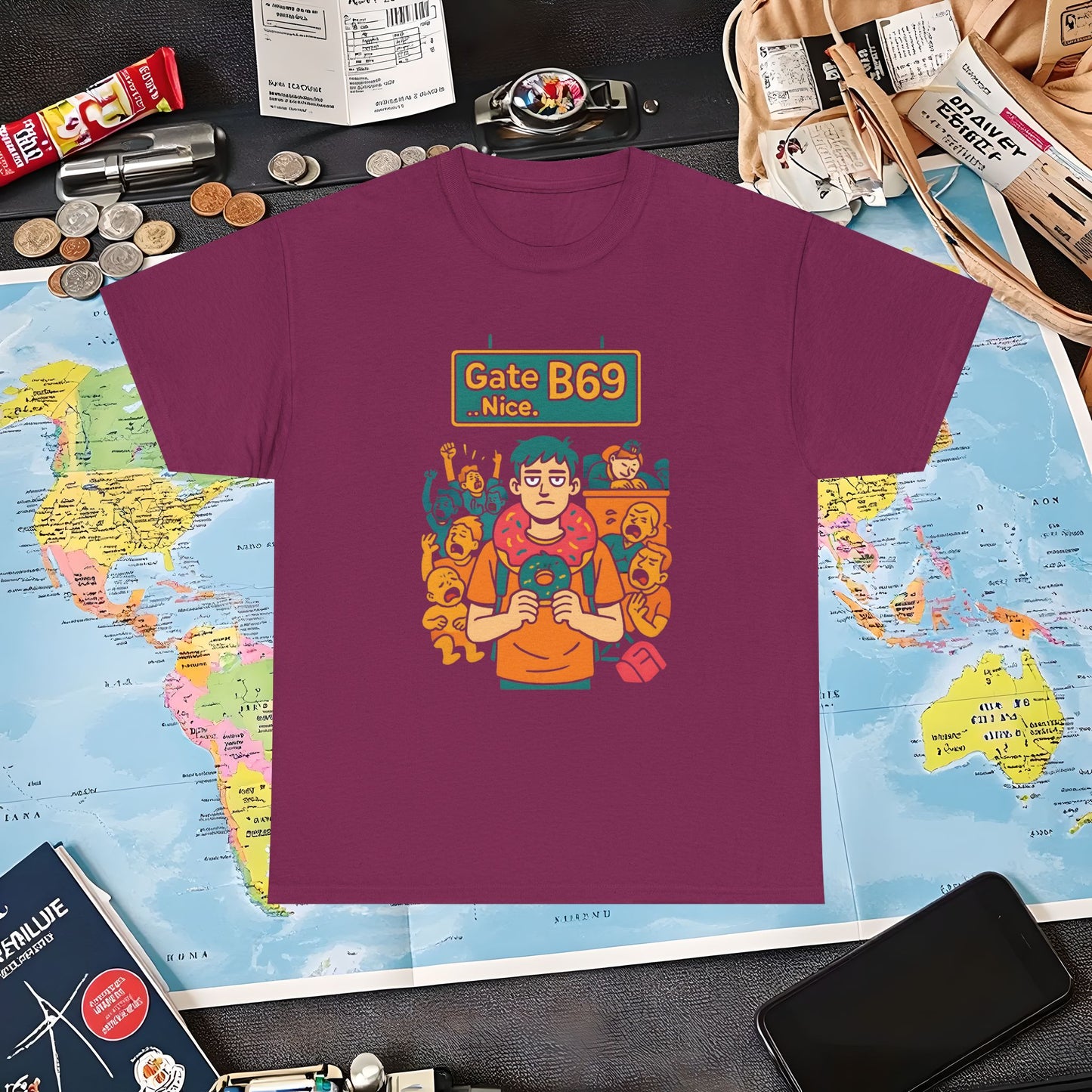 Gate B69 Deadpan Traveler T-Shirt — Chill at Chaotic Airport Terminal Layover Tee Air Travel T-Shirts | Jetsetter, Airport, and International Flight Tees