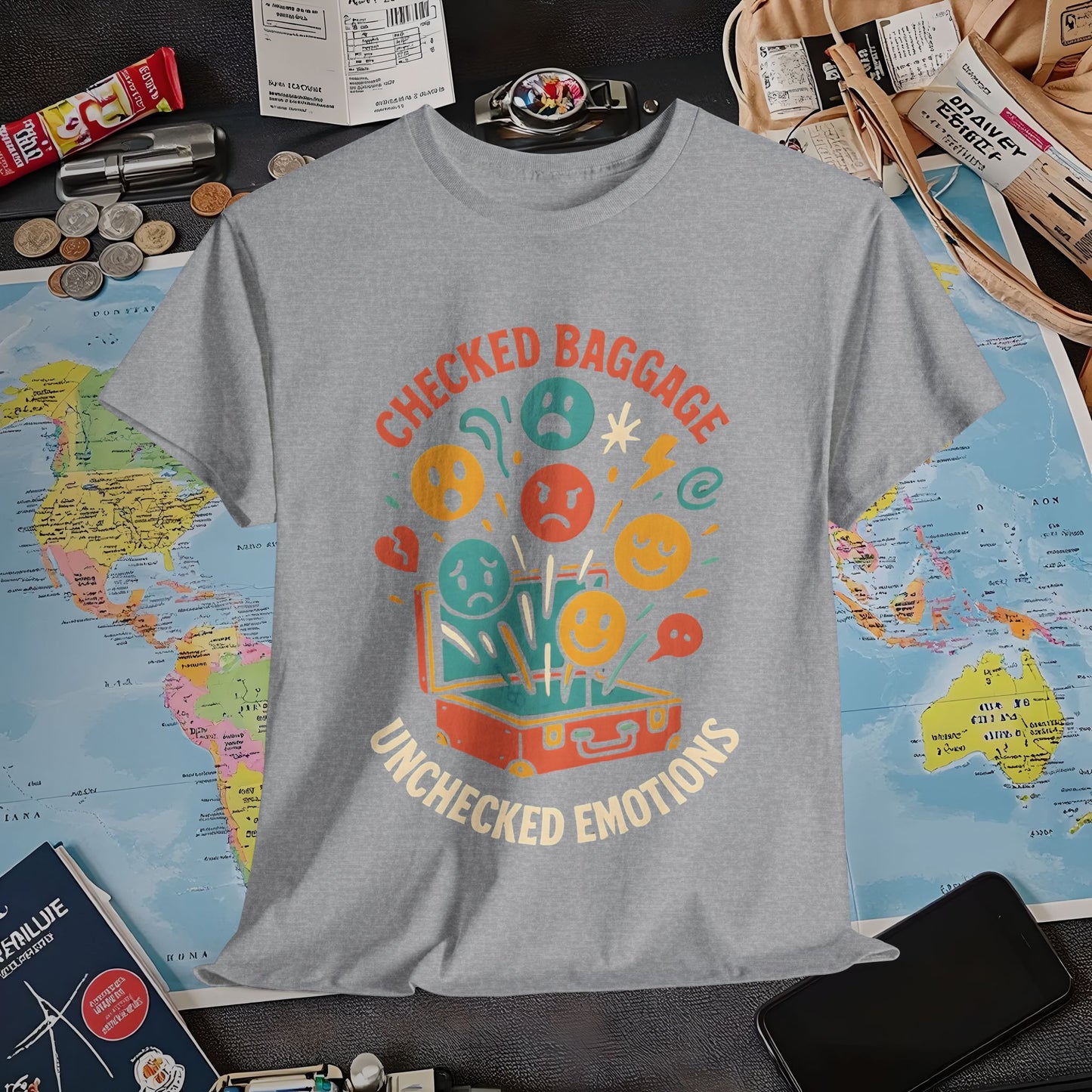 Checked Baggage Unchecked Emotions T-Shirt – Vintage Emoticons Luggage Travel Tee for Emotional Travelers Air Travel T-Shirts | Jetsetter, Airport, and International Flight Tees