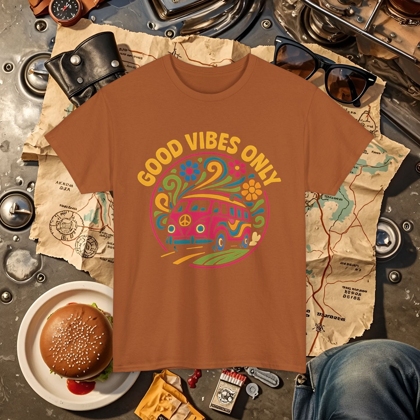 Good Vibes Only T-Shirt – Retro Hippie Van with 70s-Inspired Positivity Road Trip & Vehicle Travel T-Shirts | Car, RV, and Motorcycle Adventure Tees