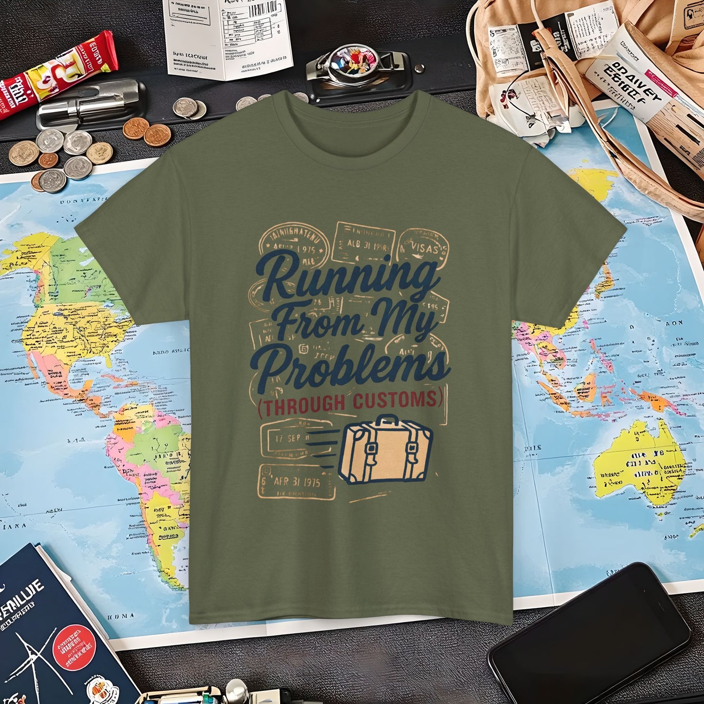Running From My Problems Through Customs – Vintage Travel Quote Tee with Passport Stamps Air Travel T-Shirts | Jetsetter, Airport, and International Flight Tees
