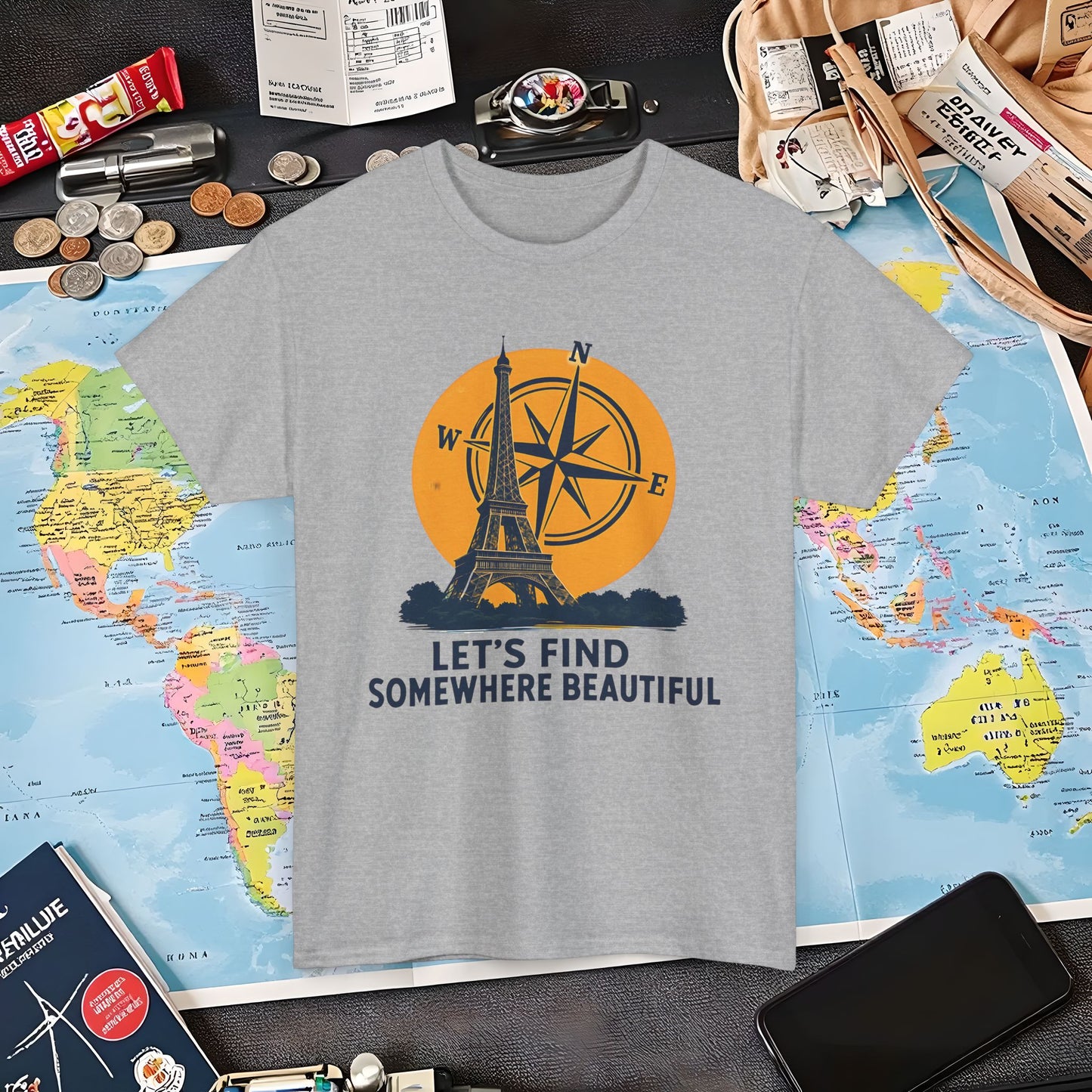 Eiffel Tower and Compass T-Shirt – Let’s Find Somewhere Beautiful Adventure Design Air Travel T-Shirts | Jetsetter, Airport, and International Flight Tees