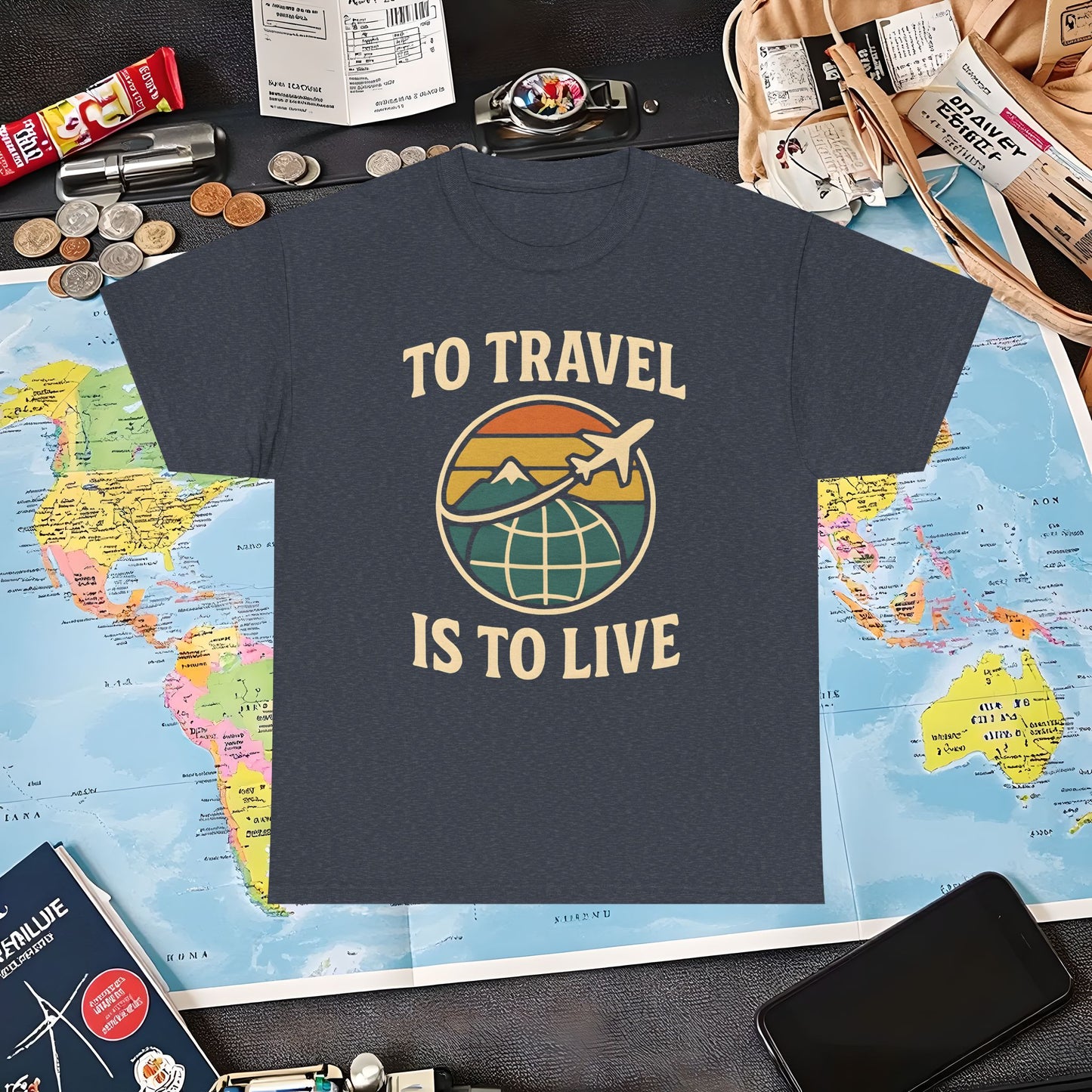 To Travel Is To Live – Vintage Globe & Airplane Travel Badge Tee (Layover Club) Air Travel T-Shirts | Jetsetter, Airport, and International Flight Tees