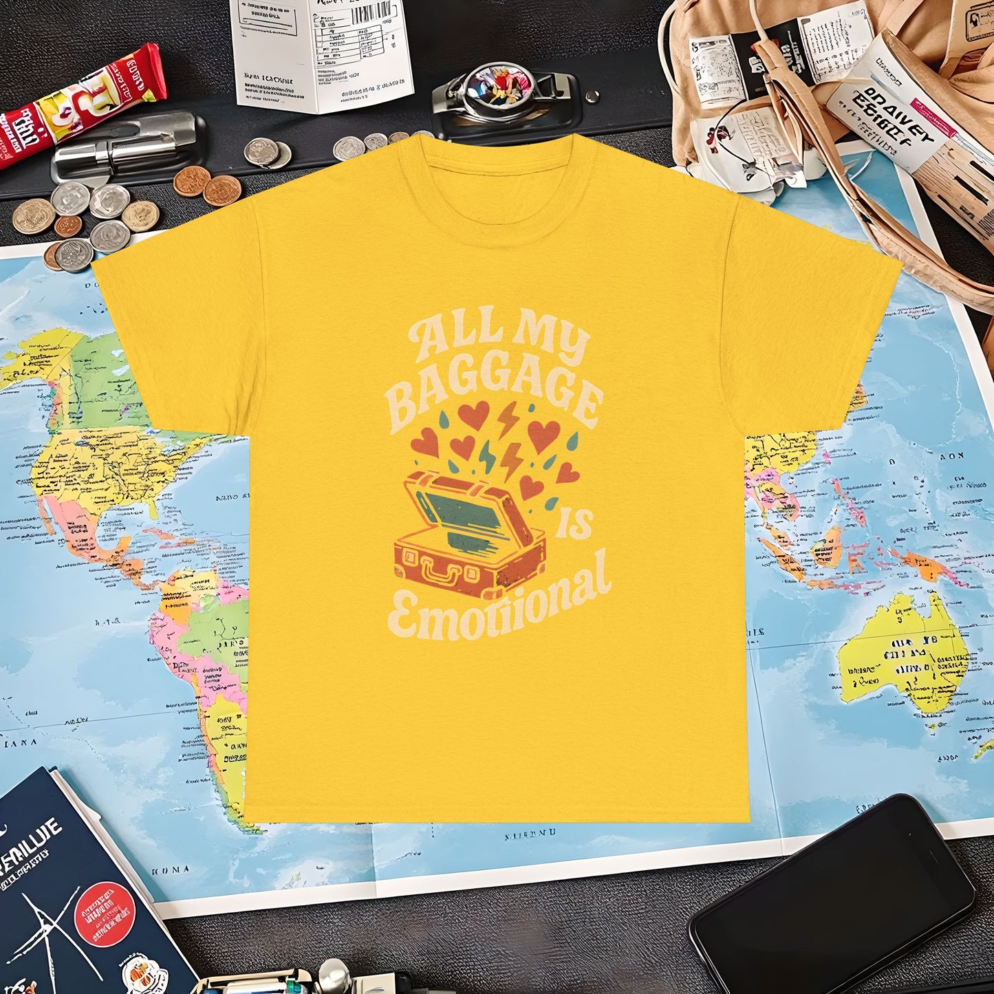 All My Baggage Is Emotional – Retro Suitcase Overflowing with Feelings Tee Air Travel T-Shirts | Jetsetter, Airport, and International Flight Tees