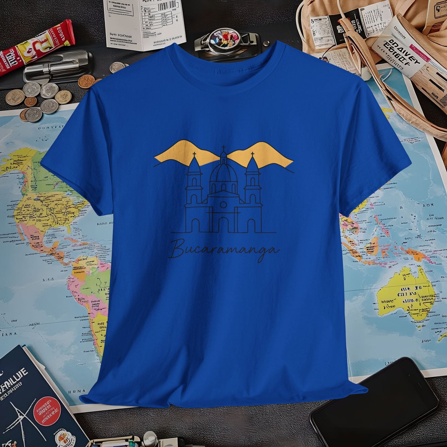 Bucaramanga Cathedral with Andes Silhouette – Vintage Colombia Travel Tee | Layover Club Air Travel T-Shirts | Jetsetter, Airport, and International Flight Tees
