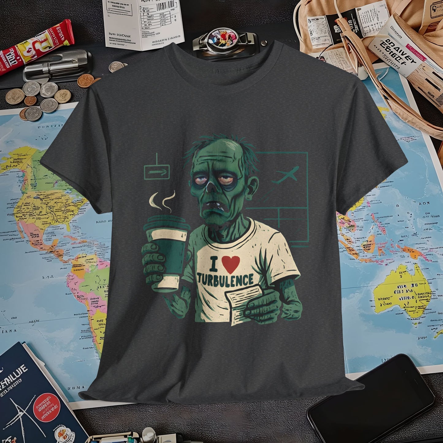 I Love Turbulence – Exhausted Zombie Traveler Coffee Tee Air Travel T-Shirts | Jetsetter, Airport, and International Flight Tees
