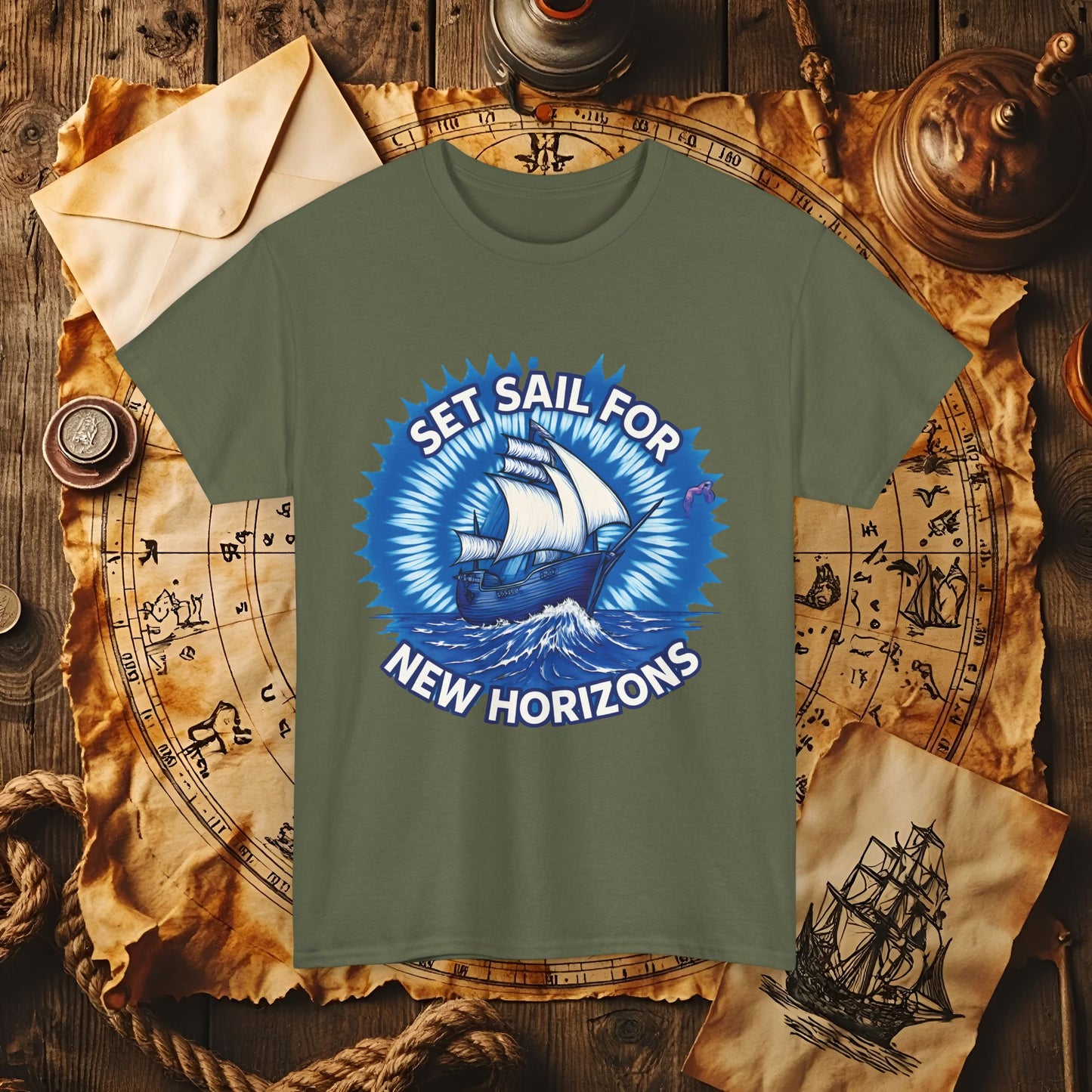 Set Sail for New Horizons T-Shirt – Old Tall Ship on Rough Water Design | Funny & Stylish Tees for Ocean Adventures