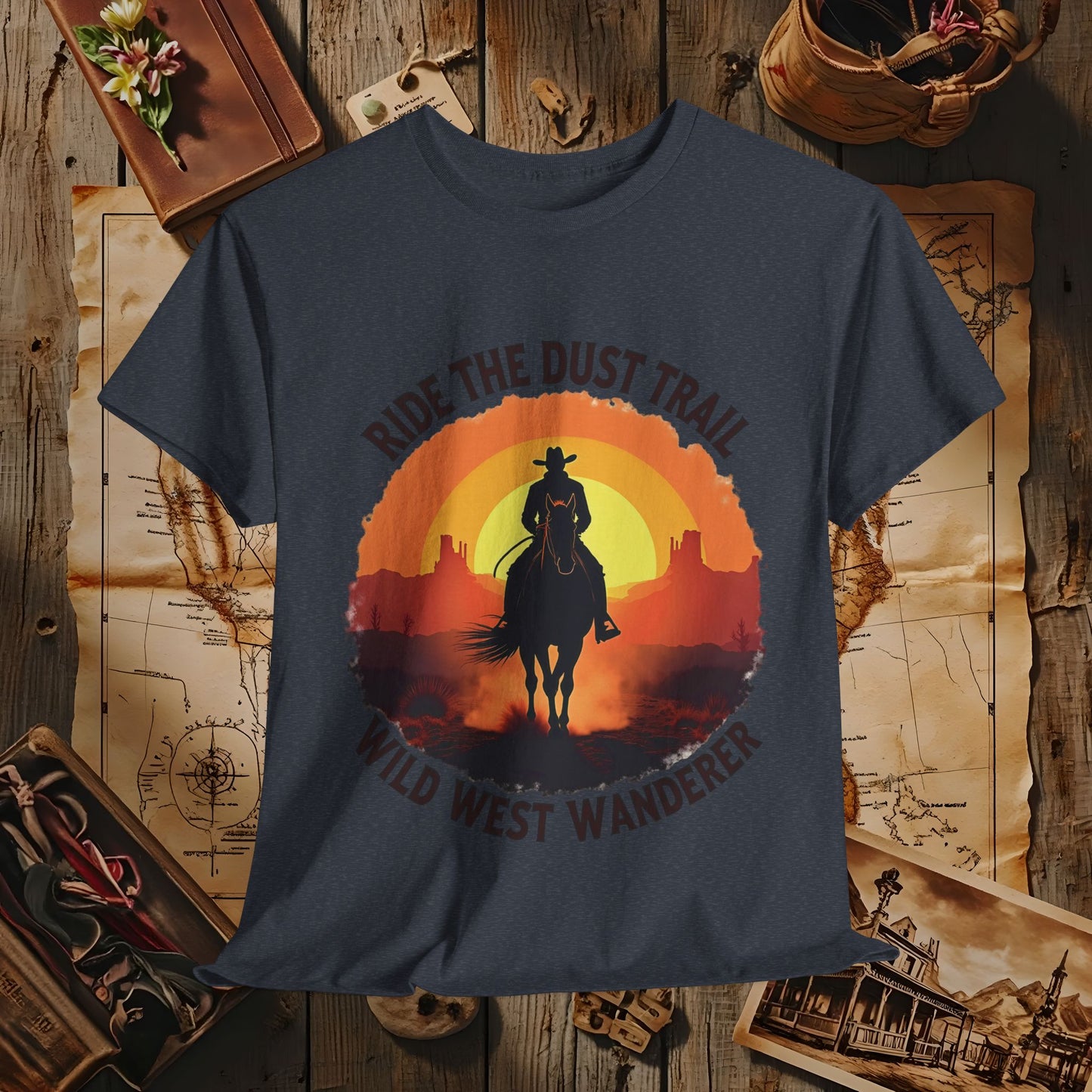 Ride the Dust Trail, Wild West Wanderer Western Travel T-Shirts | Desert, Ghost Town, and Cowboy-Inspired Adventure Tees