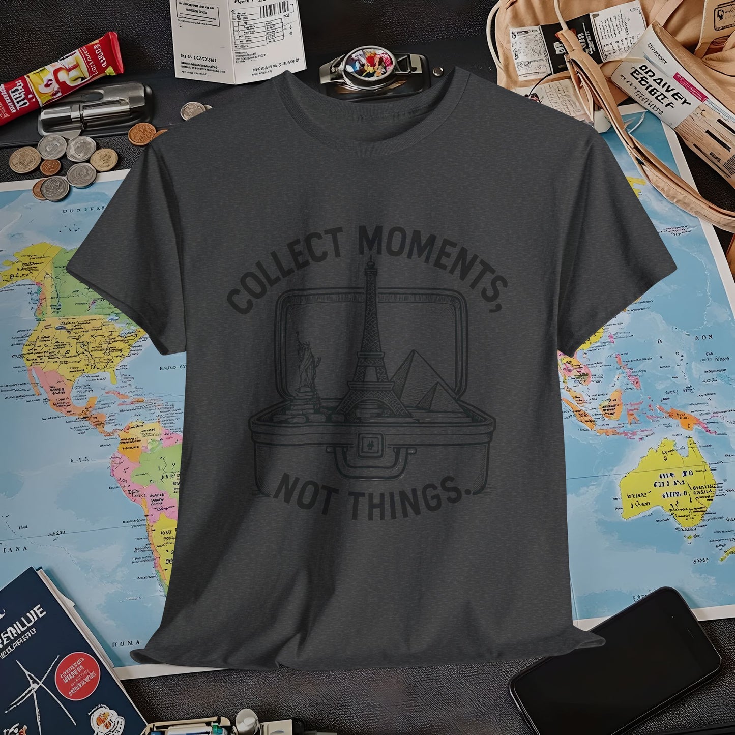 Collect Moments, Not Things T-Shirt – Inspirational Travel Quote Design Air Travel T-Shirts | Jetsetter, Airport, and International Flight Tees