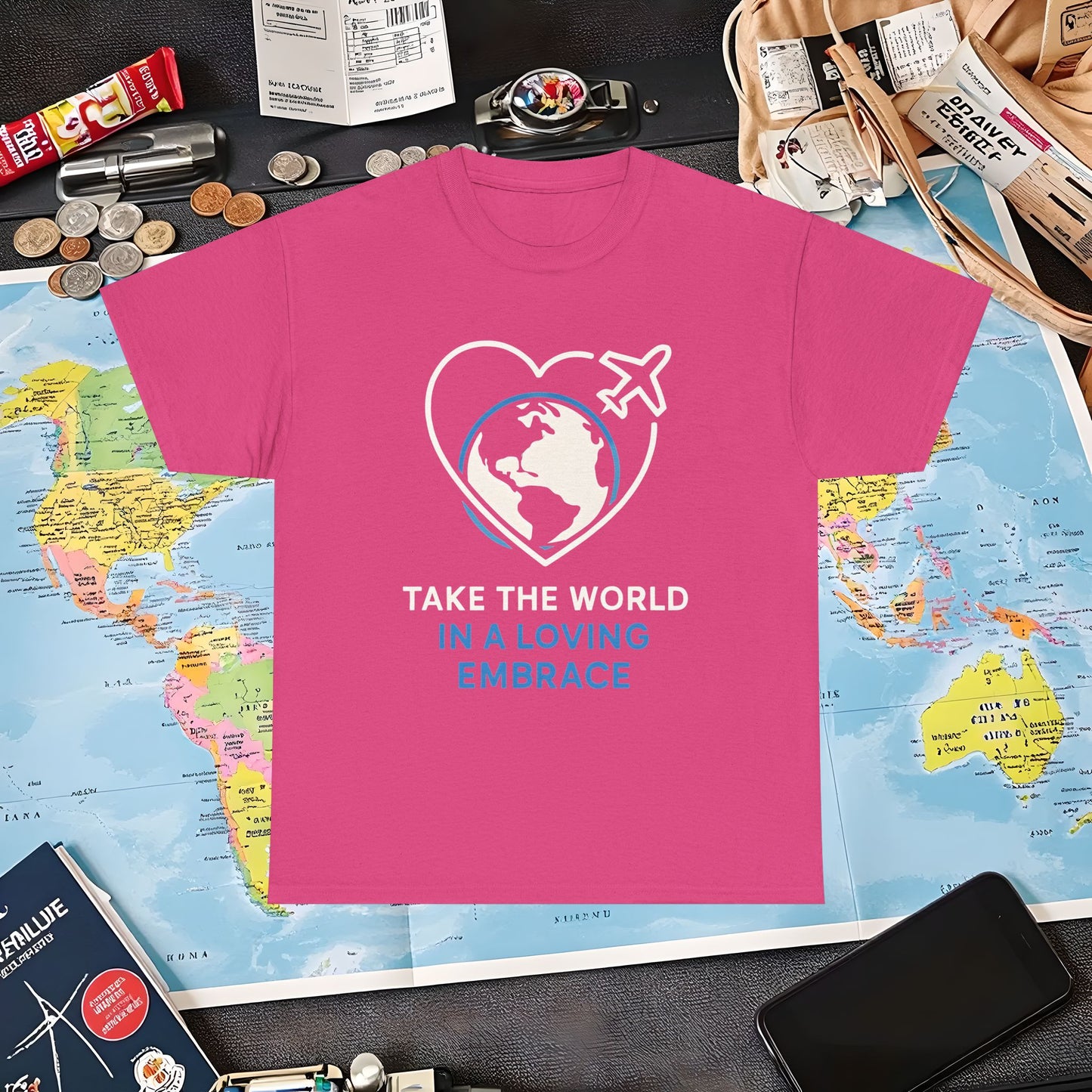 Take the World in a Loving Embrace T-Shirt – Heart in Flight Over Globe Design Air Travel T-Shirts | Jetsetter, Airport, and International Flight Tees